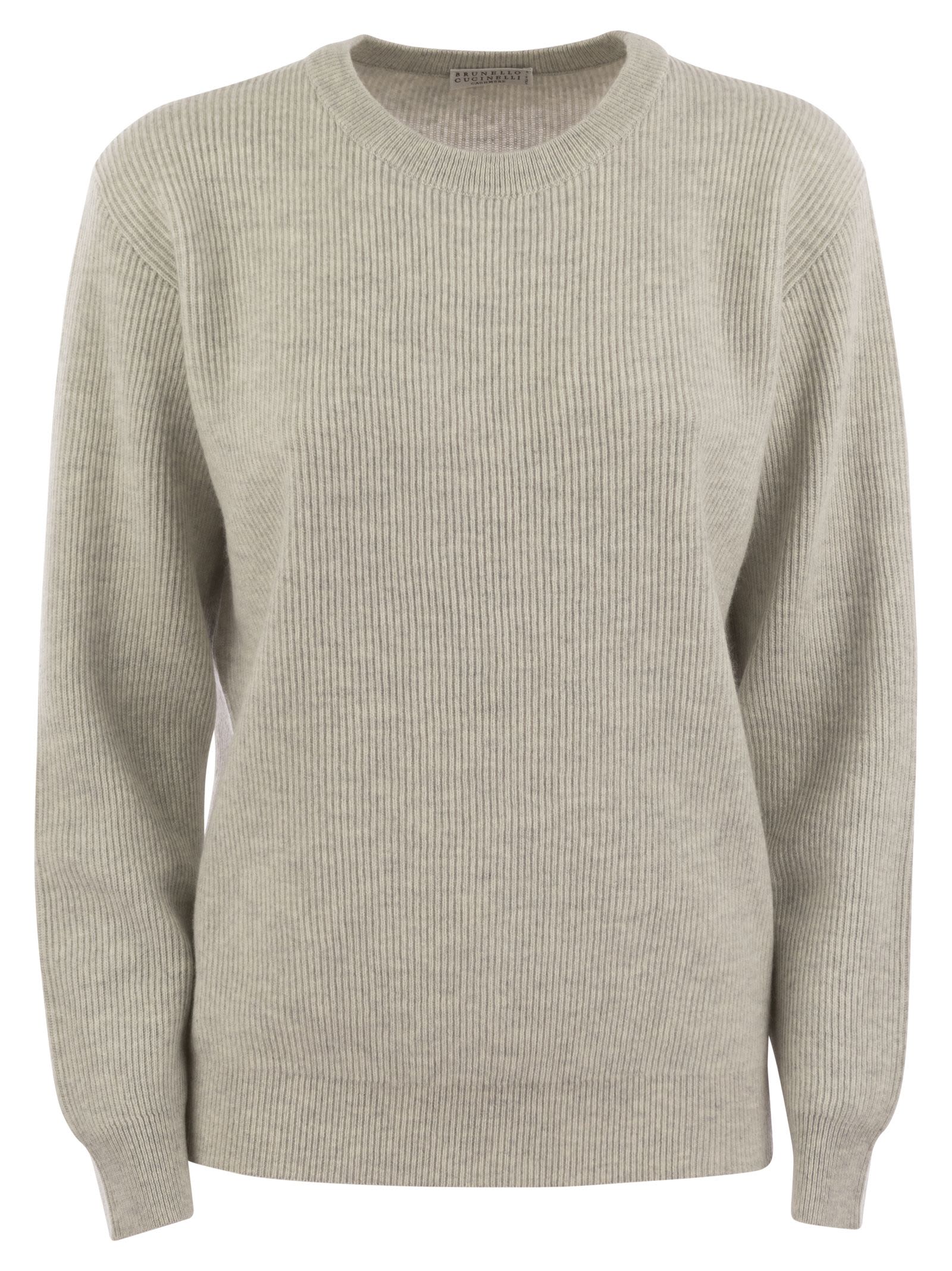 Brunello Cucinelli English Rib Cashmere Sweater With Monile In Gray