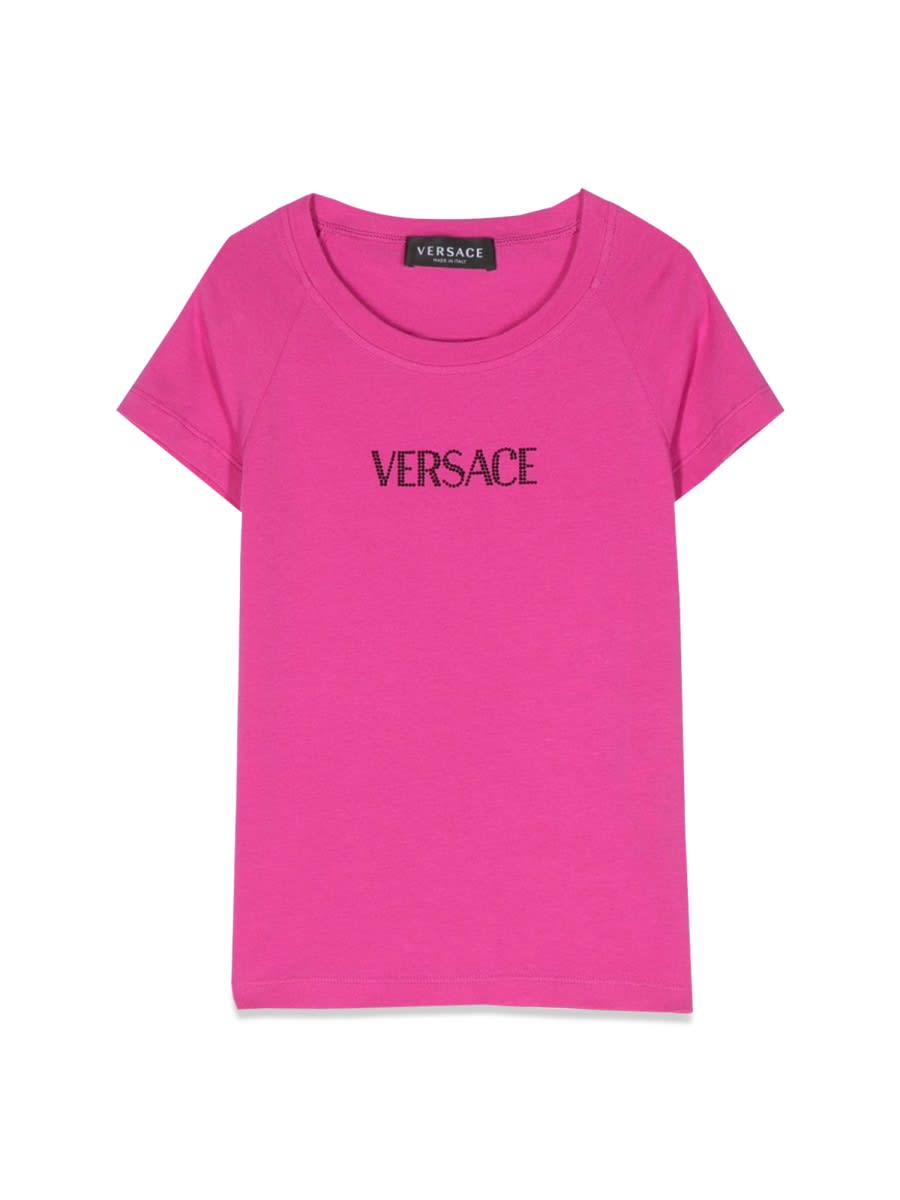 Shop Versace Rhinestone Logo T-shirt In Fuchsia