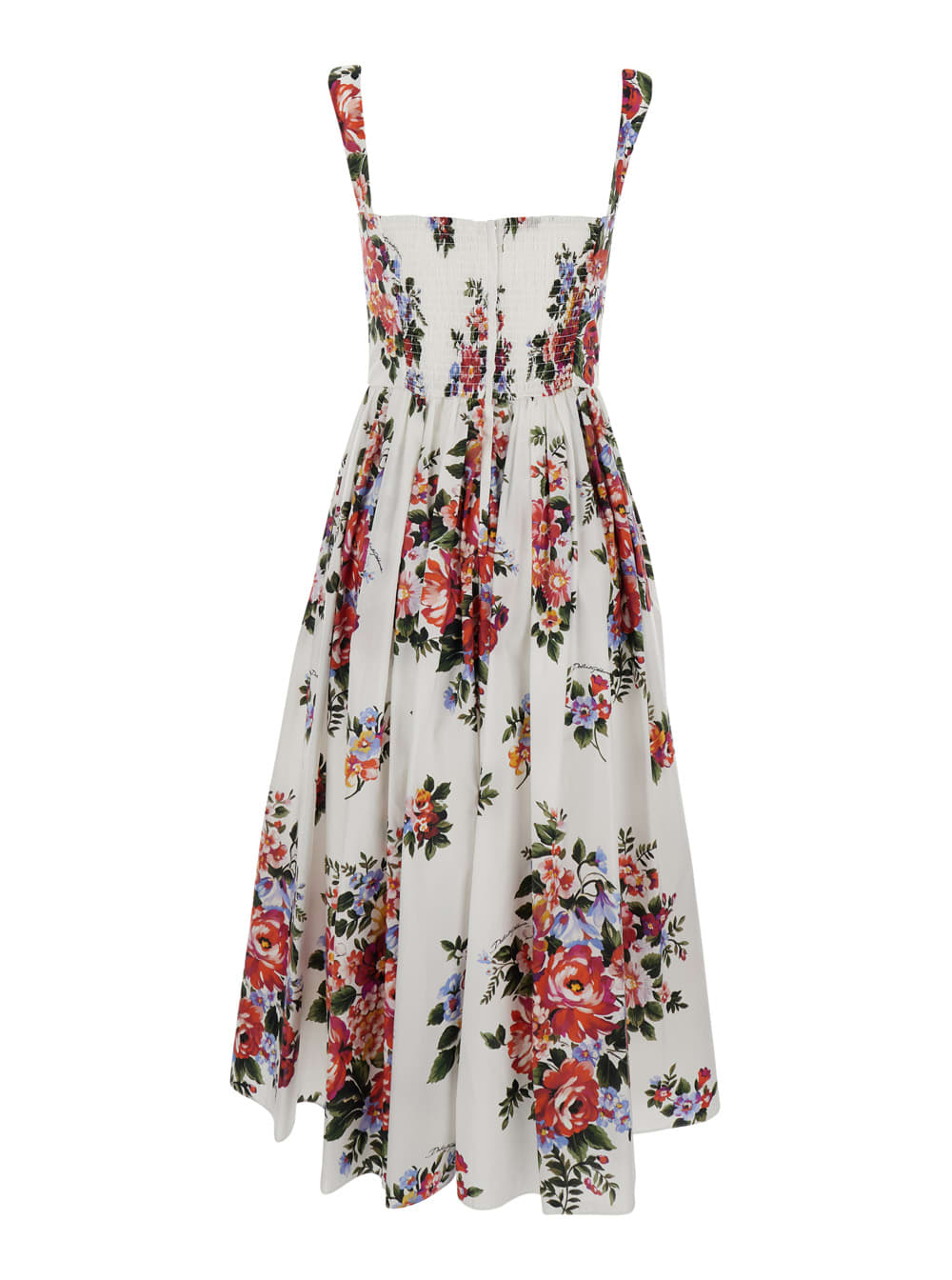Dolce & Gabbana White Cotton Midi Dress With Floral Print Dolce E Gabbana In Multi