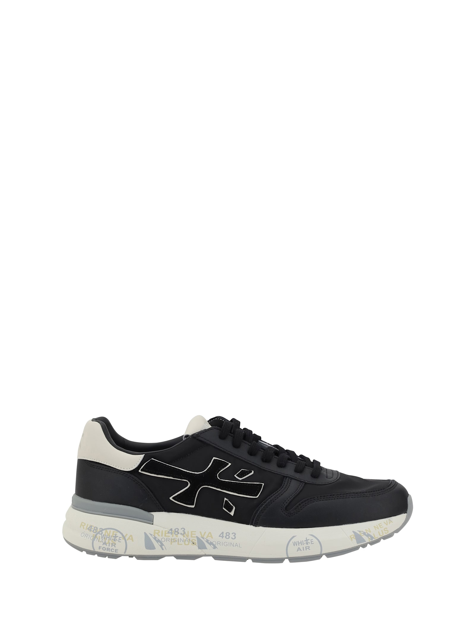 Premiata Round Toe Leather Sneakers With Contrasting Sole In Black