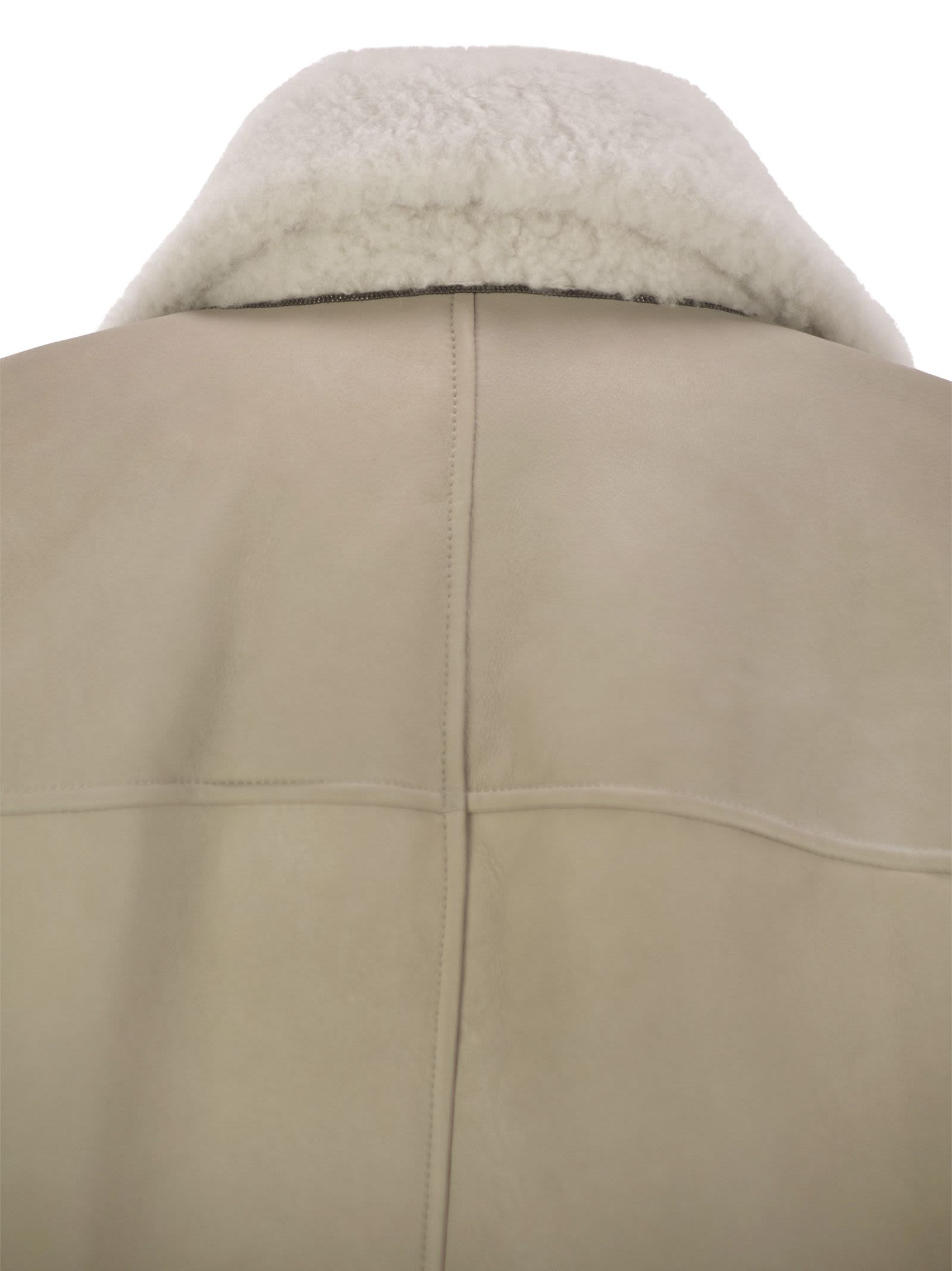 Shop Brunello Cucinelli Reversible Fuzzy Shearling Outerwear With Jewellery In Oat