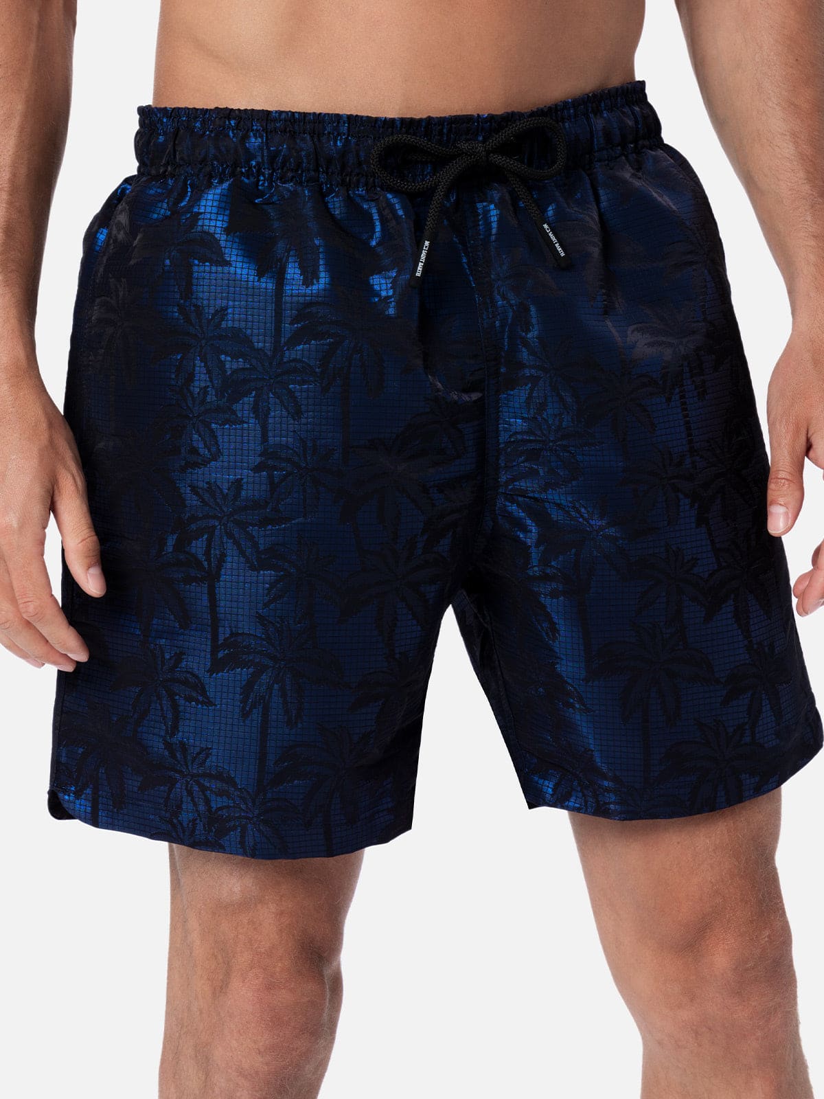 Mc2 Saint Barth Man Ripstop Fabric Swim Shorts Harbour The Riviera With Palm Jacquard Print In Blue