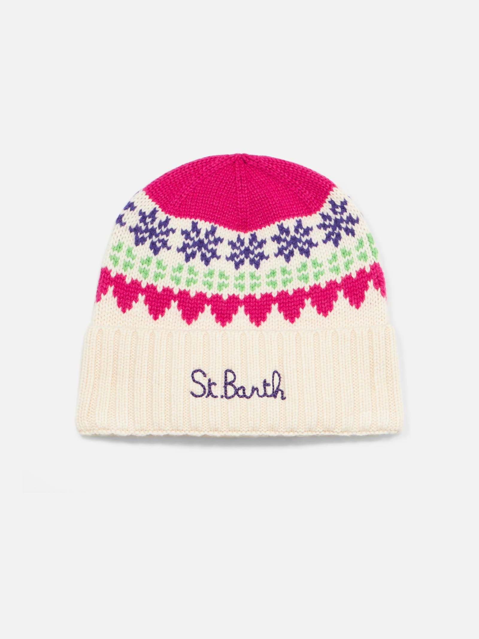 Mc2 Saint Barth Woman White Beanie With Fair Isle Heart Print In White