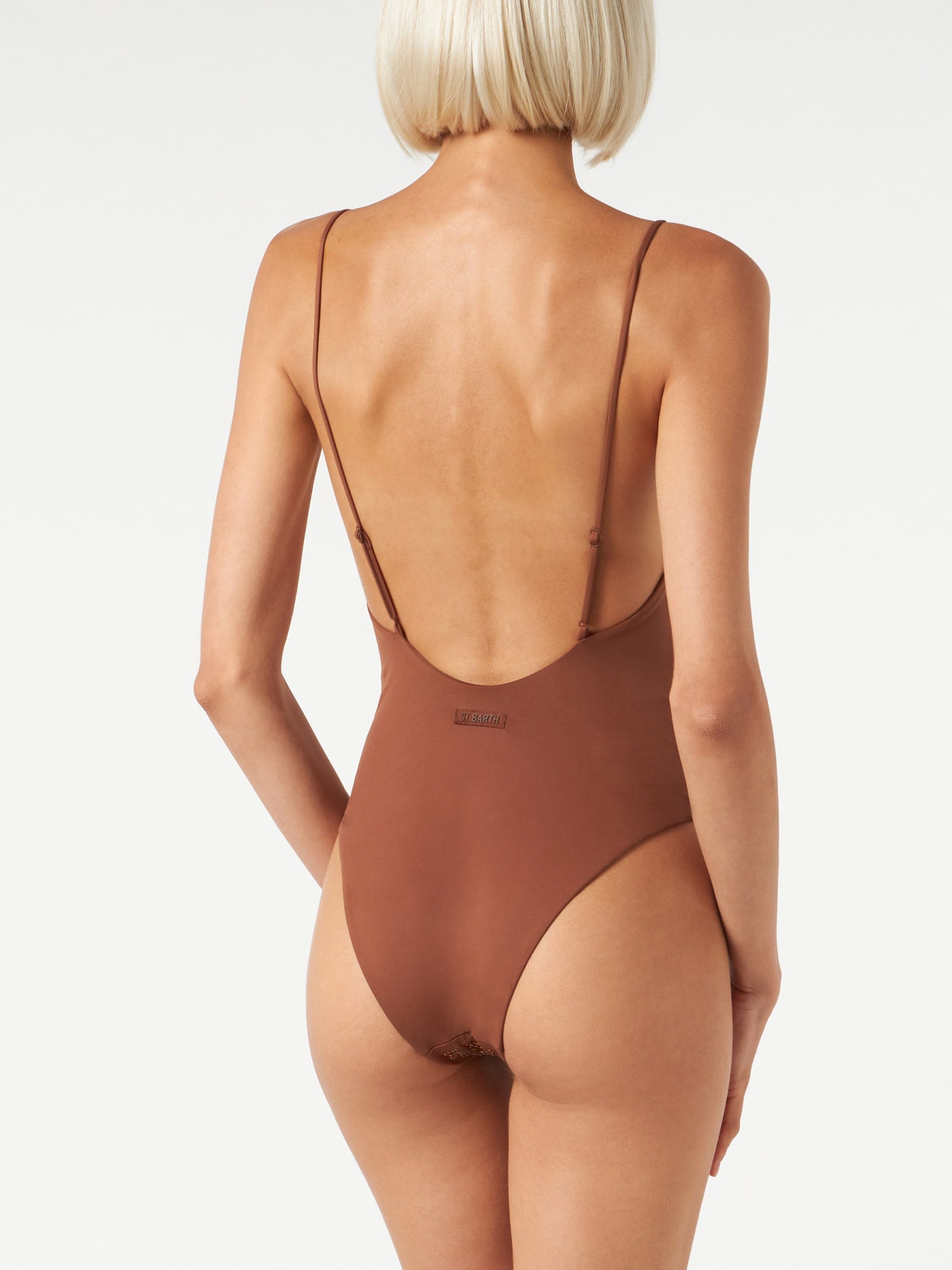 Mc2 Saint Barth Woman One Piece Swimsuit With Brown Shades Rhinestones In Brown