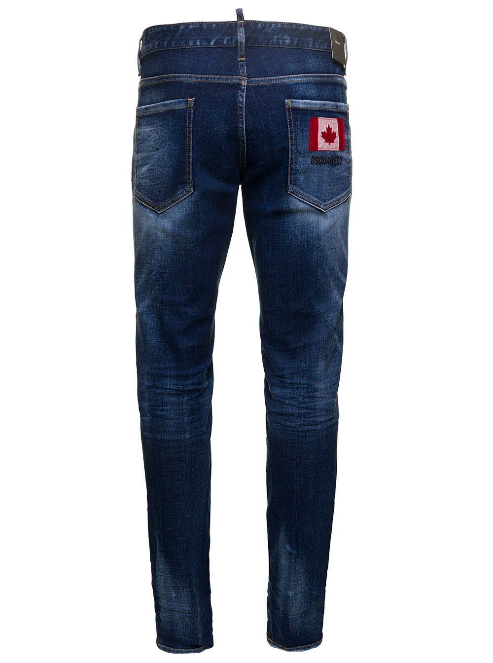 Shop Dsquared2 Blue Slim Jeans With Logo Patch And Faded Effect In Stretch Cotton Denim Man