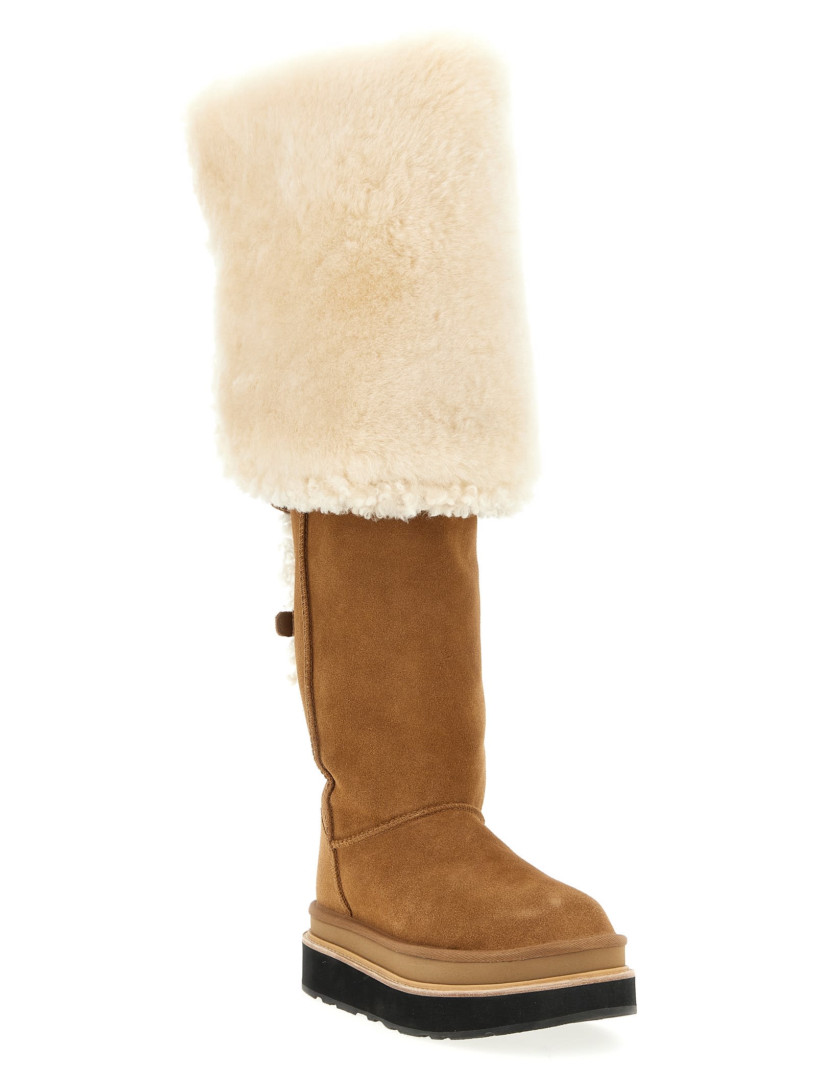 Ugg Sacai Platform Knee High Fur Trim Boots In Nude
