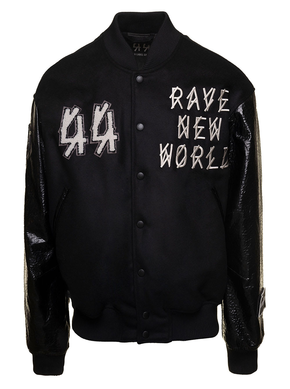 Black Varsity Jacket With Faux Leather Sleeves And Logo Patch Man