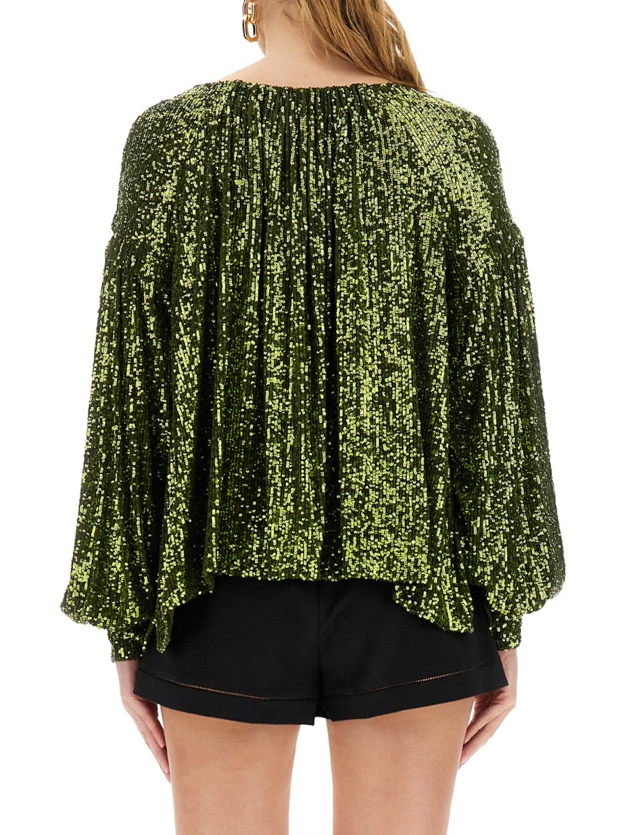 Rabanne Off-the-shoulder Sequin Embellished Top In Green