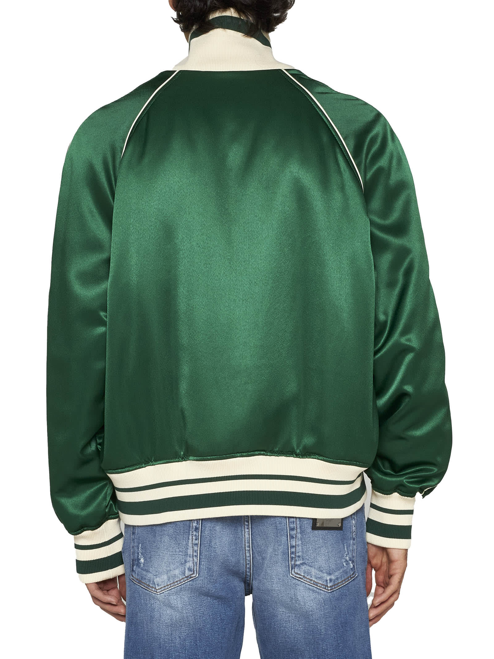 Dolce & Gabbana Logo-print Satin Bomber Jacket In Verde Scuro