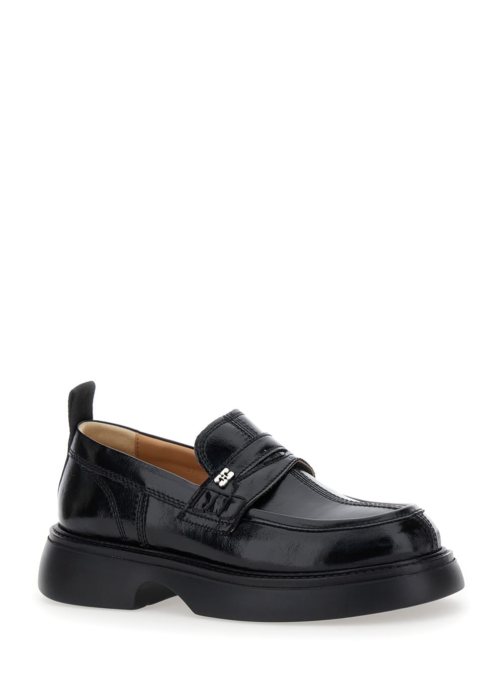 Shop Ganni Everyday Black Loafers With Logo Detail In Naplak Woman