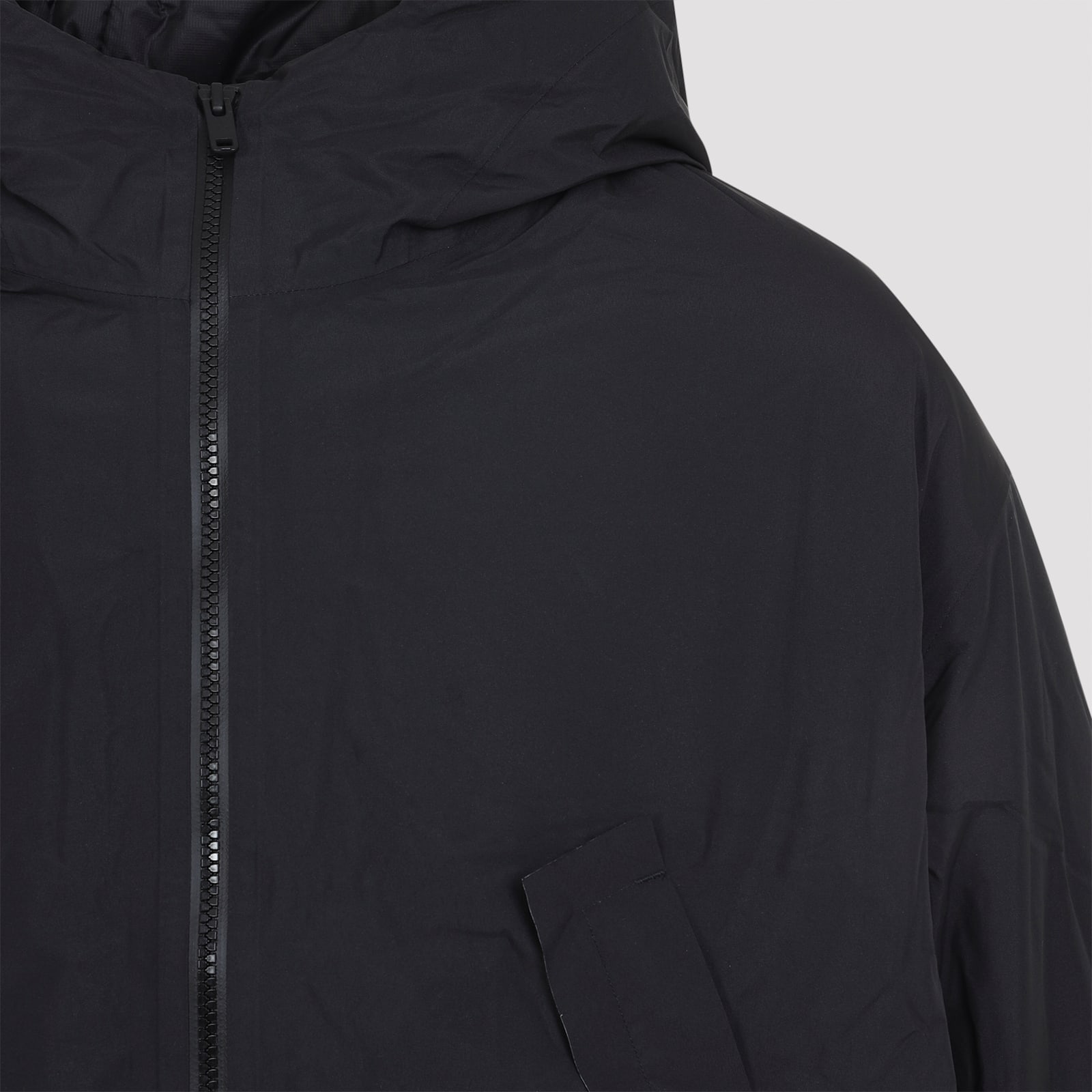 Y-3 Minimalist Black Long Coat With Flap Pockets And Hood In Black