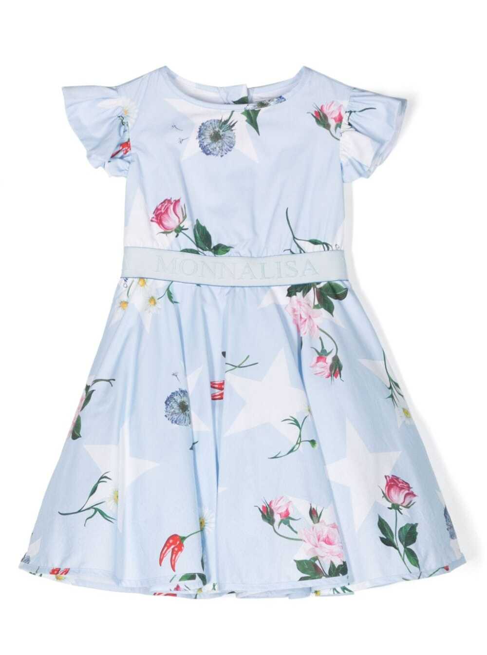 Monnalisa Blue Dress With Branded Band And Floreal Print In Cotton Girl In Light Blue
