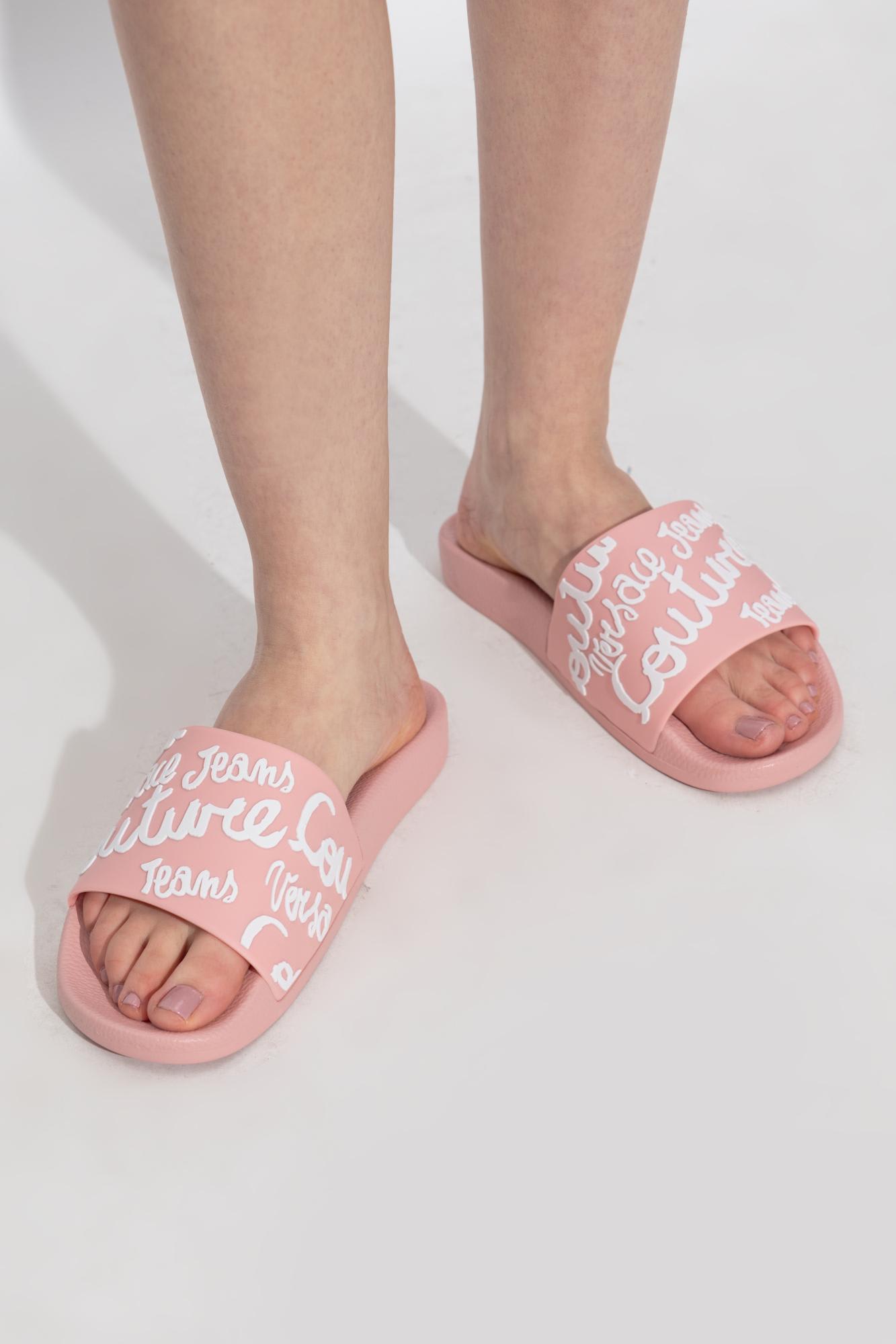 Shop Versace Jeans Couture Rubber Slides With Logo In Peony+white
