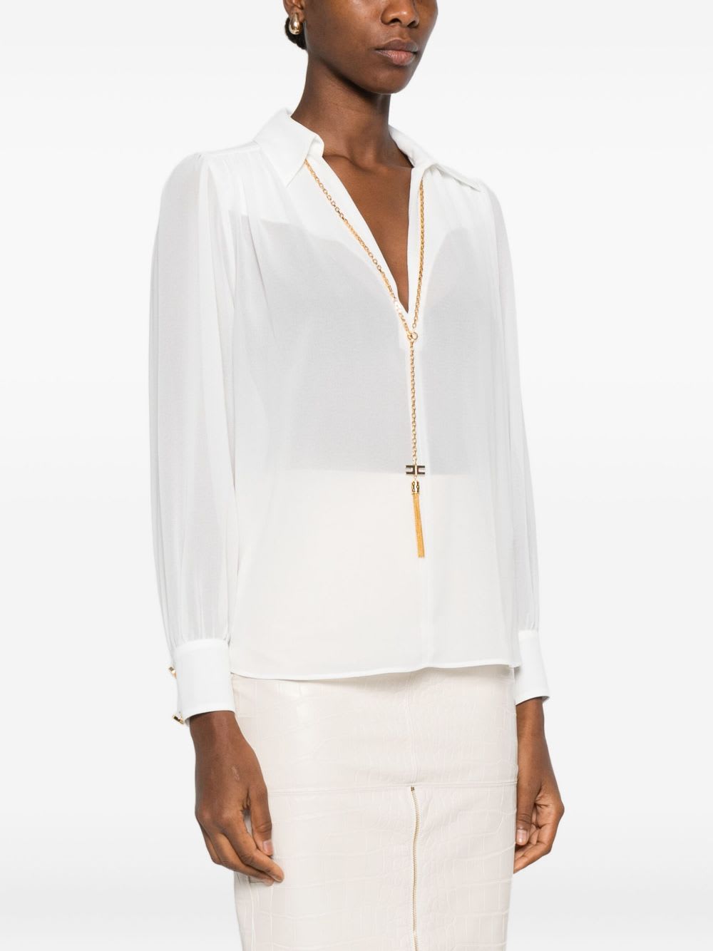 Elisabetta Franchi Chic Long Sleeve Sheer Top With Chain In White