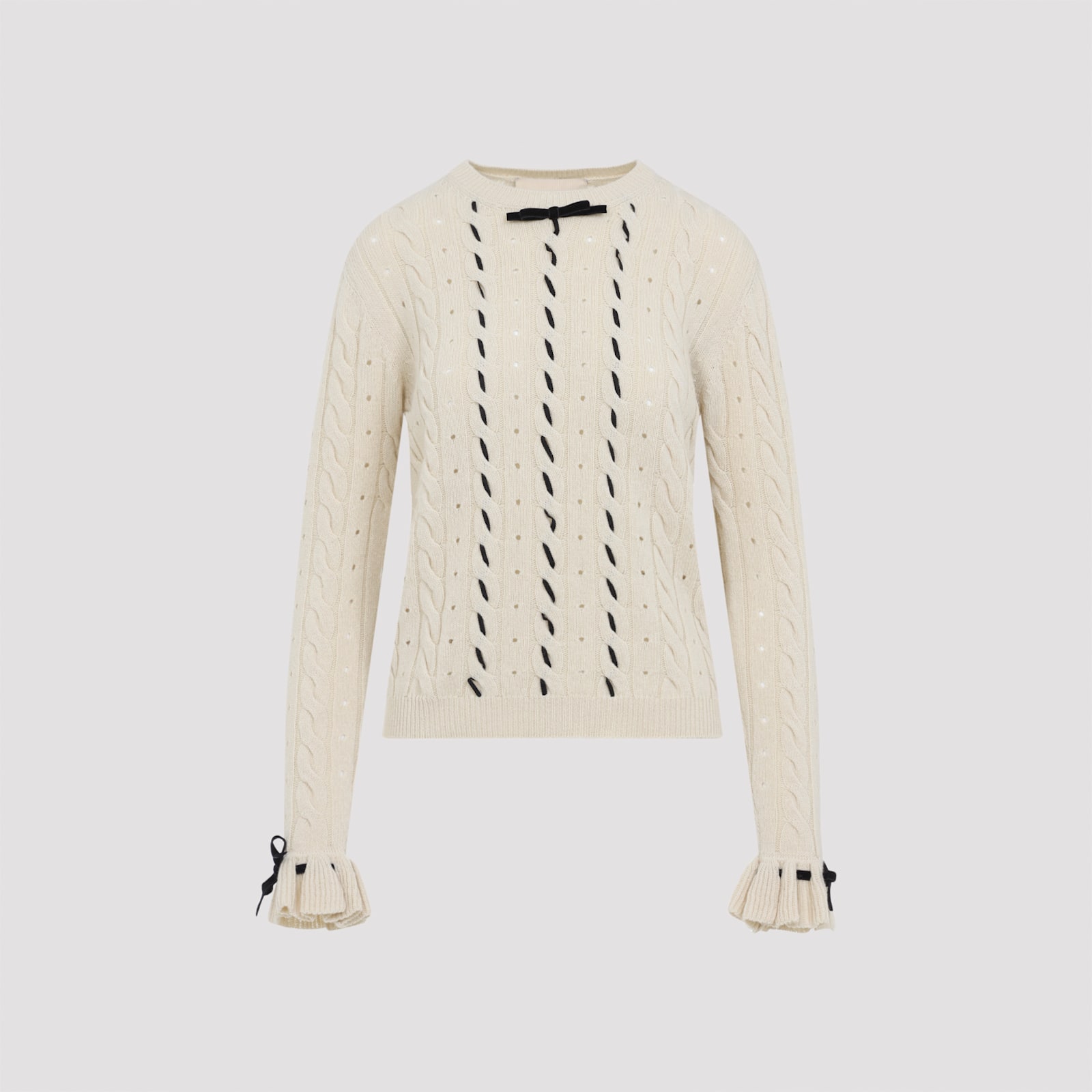 Valentino Cable-knit Ruffled-cuff Sweater In Neutral