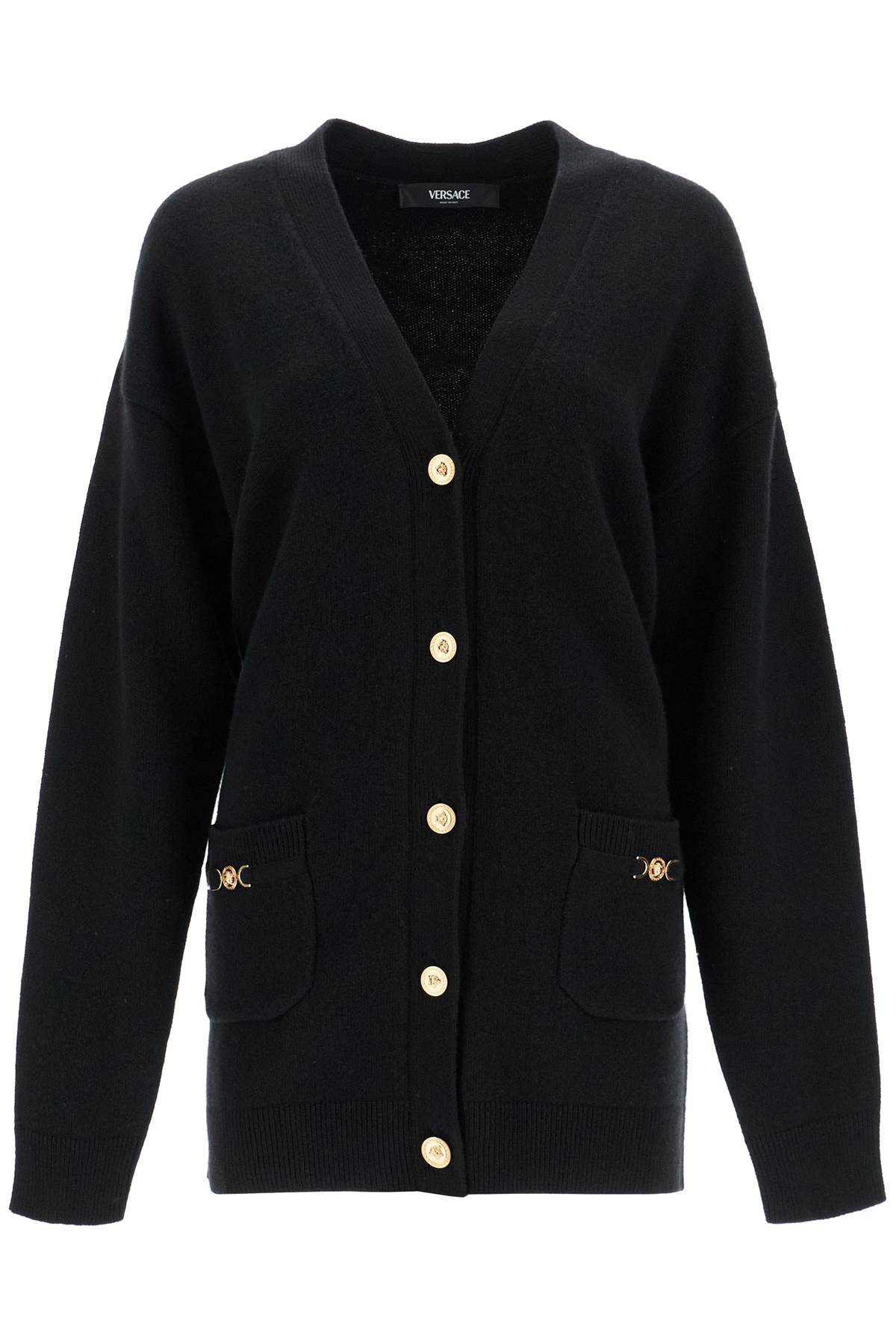 Shop Versace Boxy Wool And Cashmere Cardigan In Black (black)