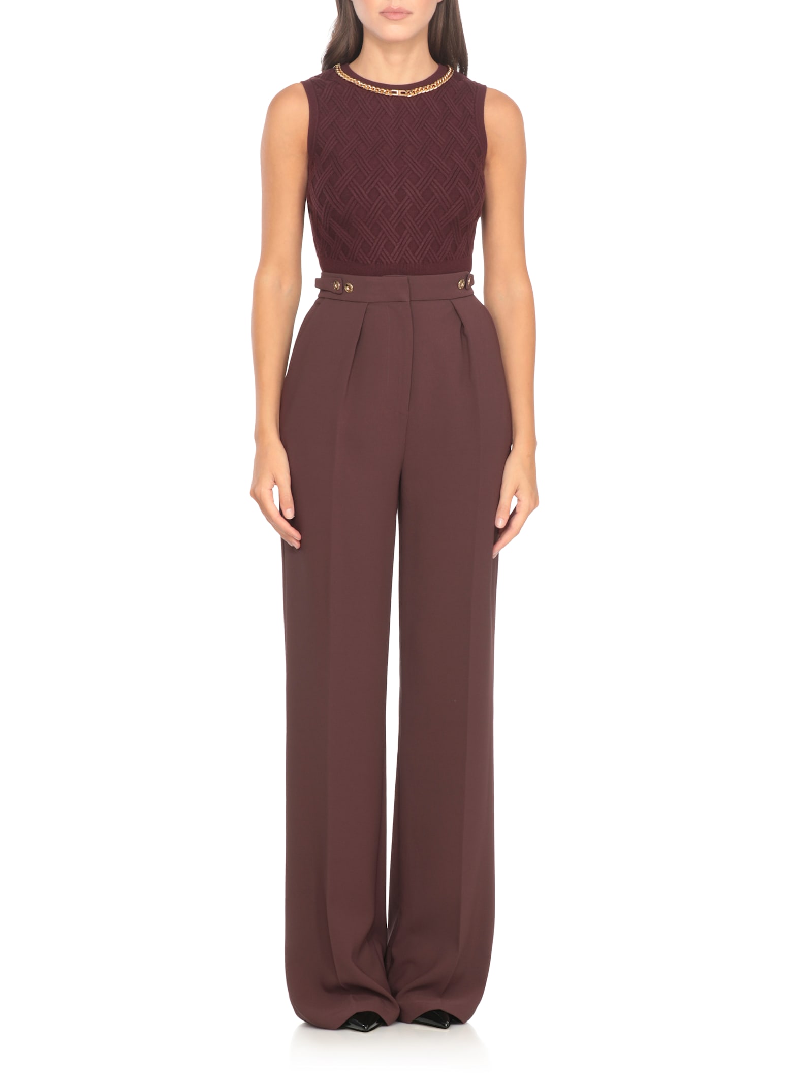 Elisabetta Franchi Cropped Sleeveless Sweater Gold Chain Detail In Burgundy