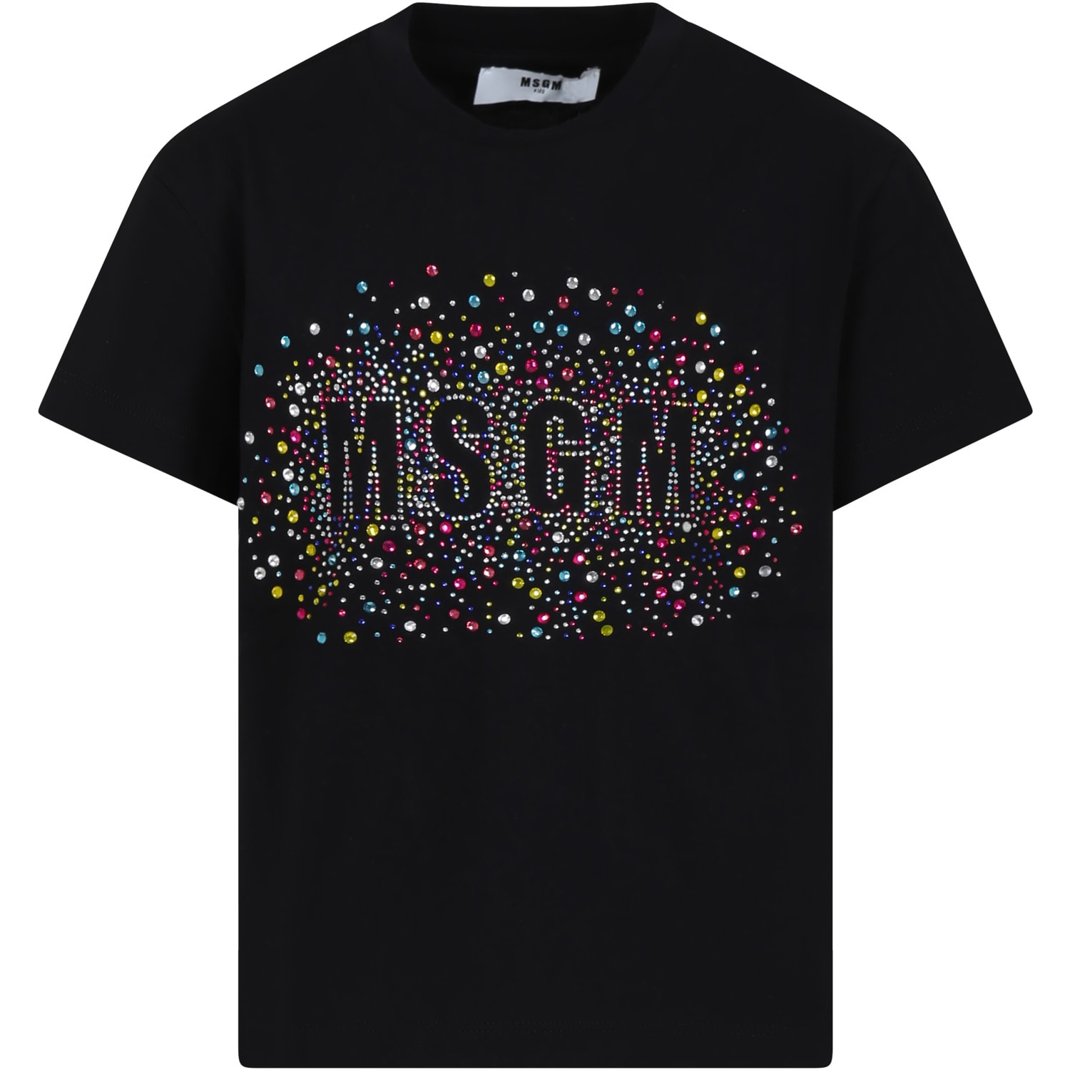 Msgm Kids' Black T-shirt For Girl With Logo And Rhinestones