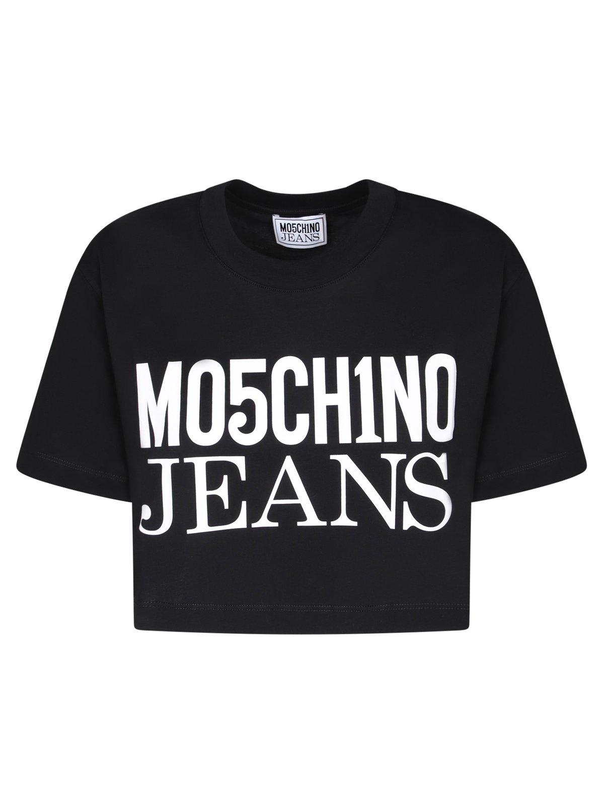 Shop M05ch1n0 Jeans Jeans Logo-printed Crewneck Cropped T-shirt In Black