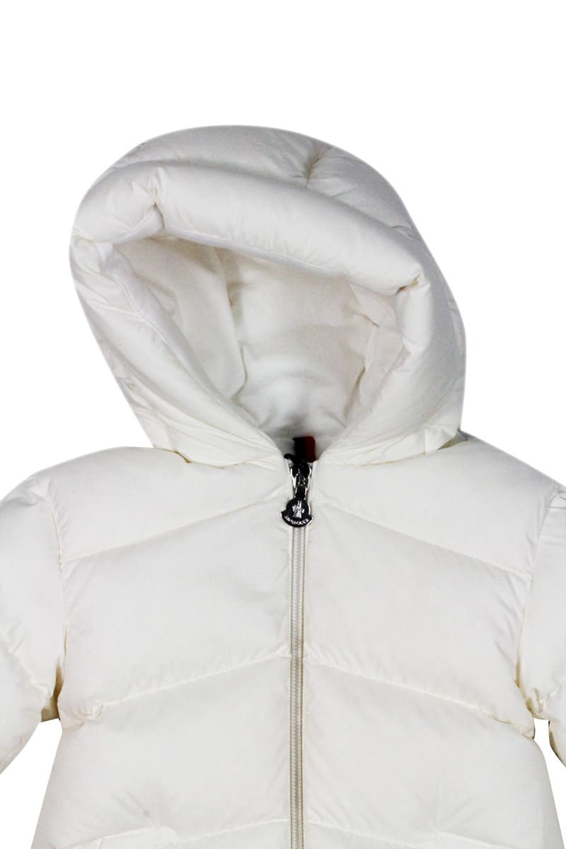 Moncler Long Down Jacket Pesha In Real Goose Down With Hood And Elastic Waistband In Animal Print