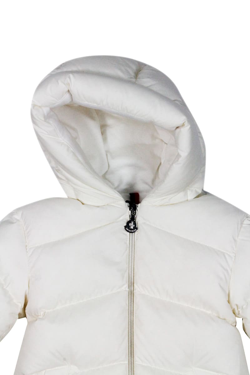 Shop Moncler Long Down Jacket Pesha In Real Goose Down With Hood And Elastic Waistband In White