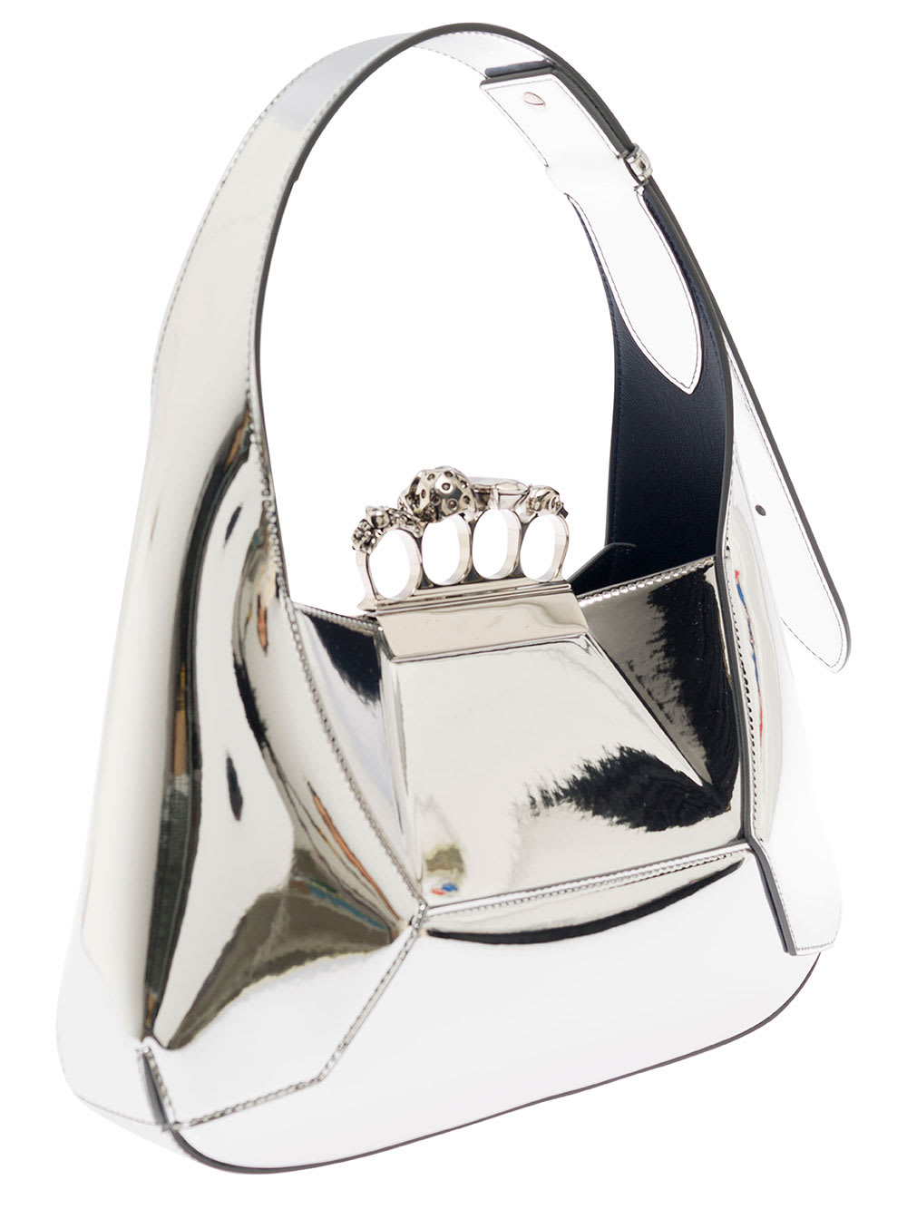 Shop Alexander Mcqueen Silver Hobo Bag With Four Rings Detail In Metallic Fabric Woman