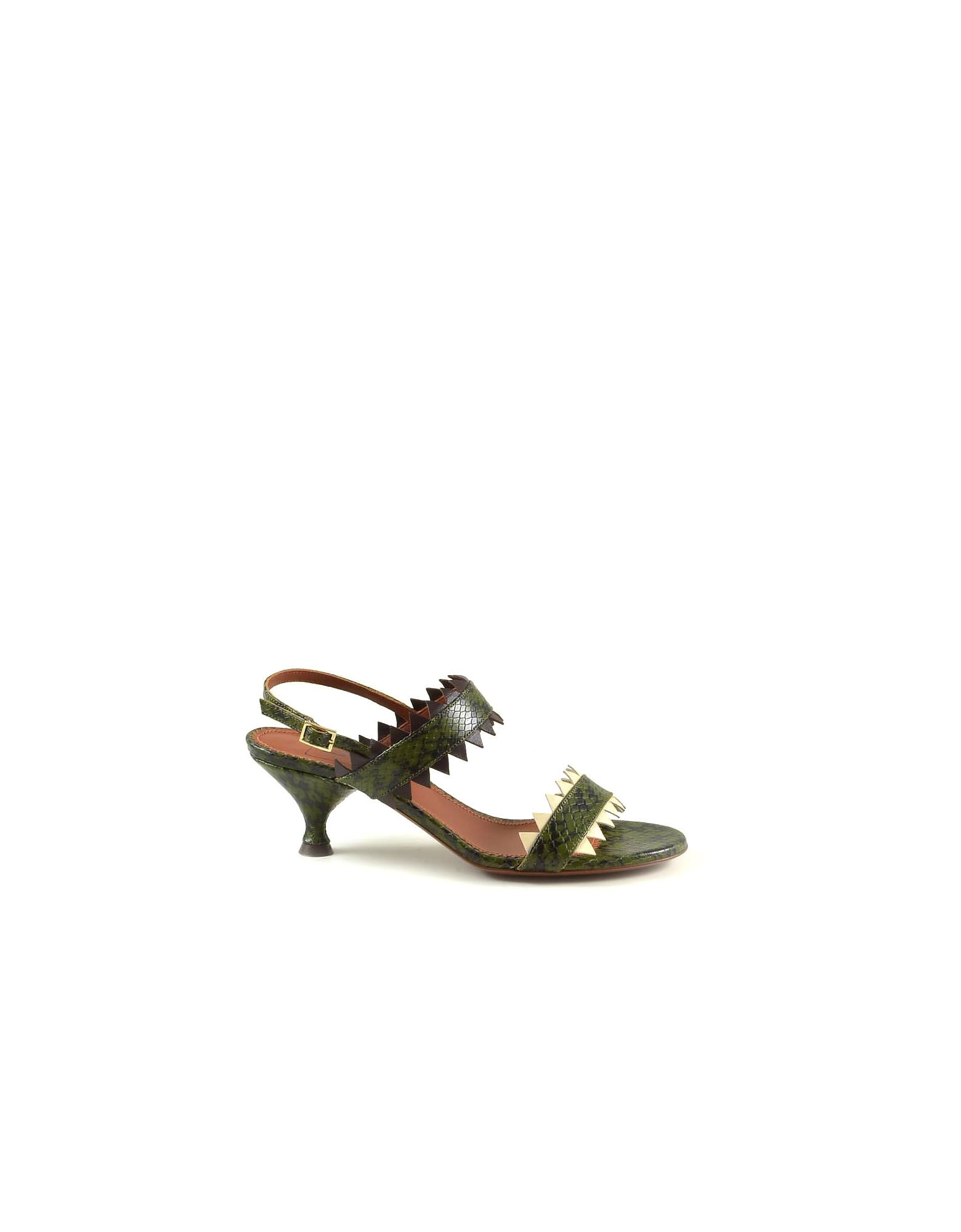 L'autre Chose Lautre Chose Snake Printed Green Leather Mid-heel Sandals