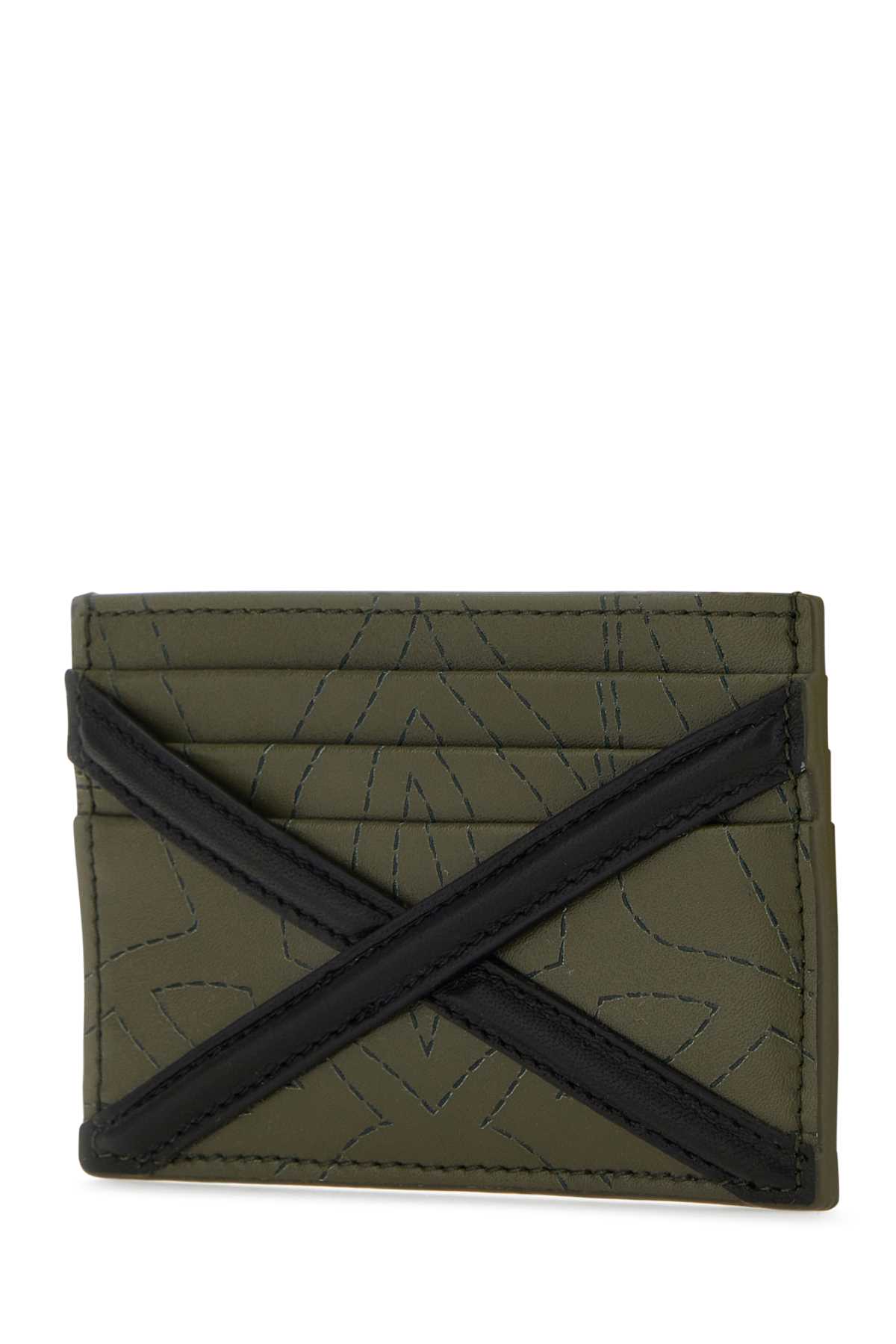 Shop Alexander Mcqueen Army Green Leather Card Holder In Dk Kaki/black