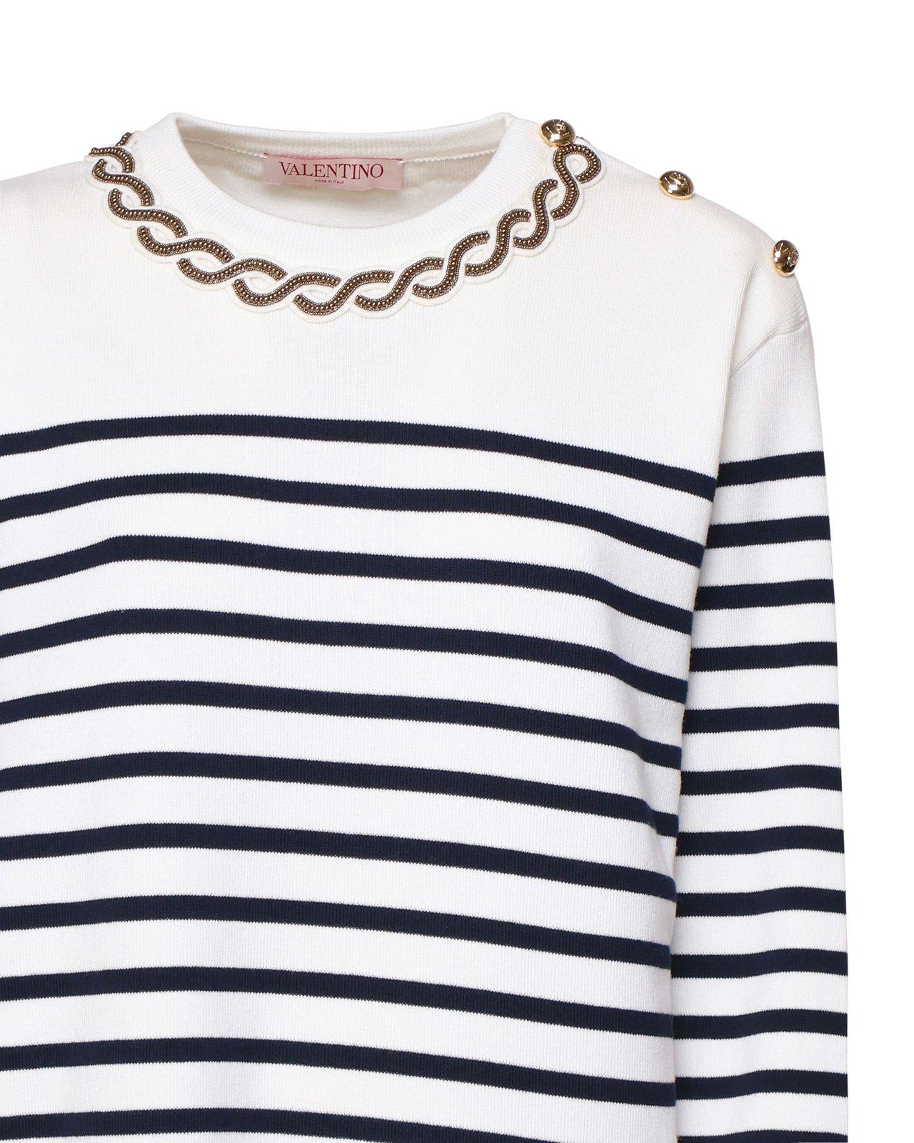 Shop Valentino Embellished Striped Crewneck Jumper