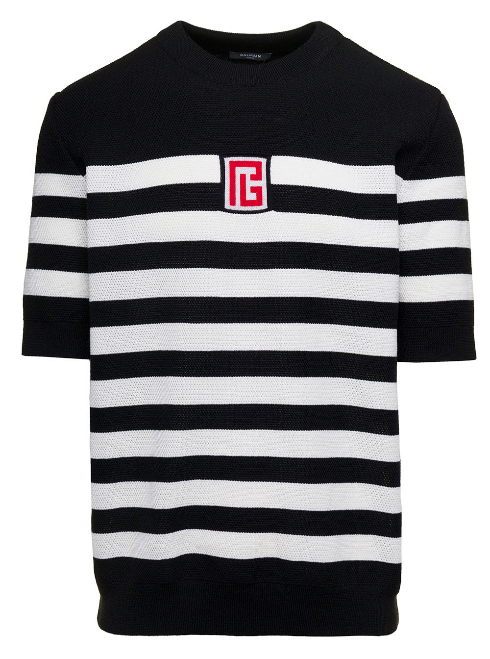 BALMAIN BLACK AND WHITE STRIPE T-SHIRT WITH LOGO EMBROIDERY IN WOOL MAN