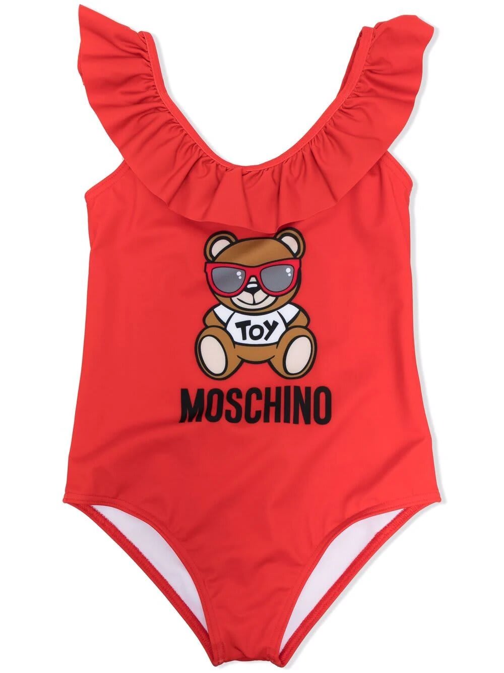 Moschino Kids Red One-piece Swimsuit With Logo And Teddy Bear With Sunglasses