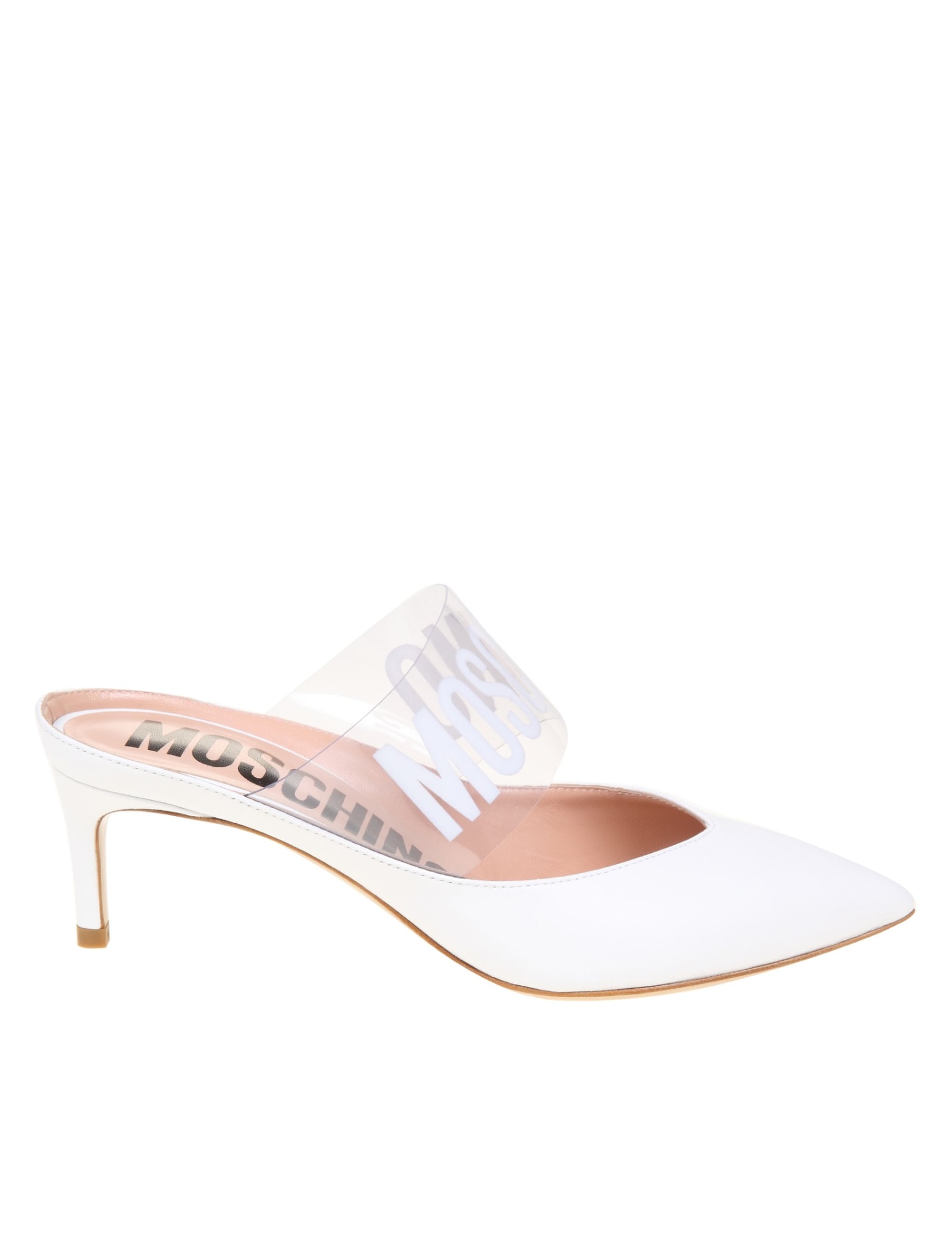 Buy Moschino Mules In White Leather online, shop Moschino shoes with free shipping