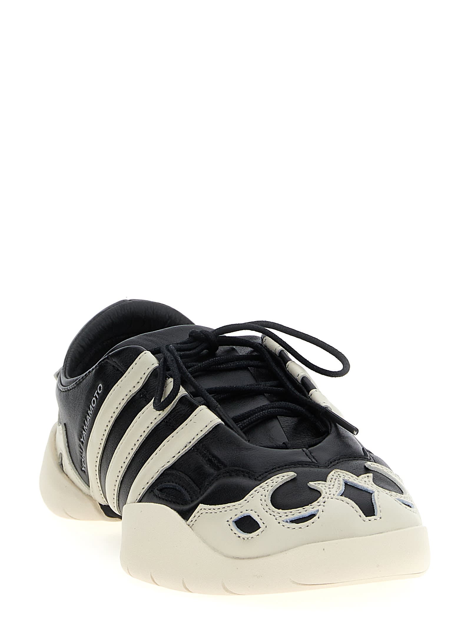 Y-3 Black Leather Sneakers With Cream Accents And Iconic Stripes In Black