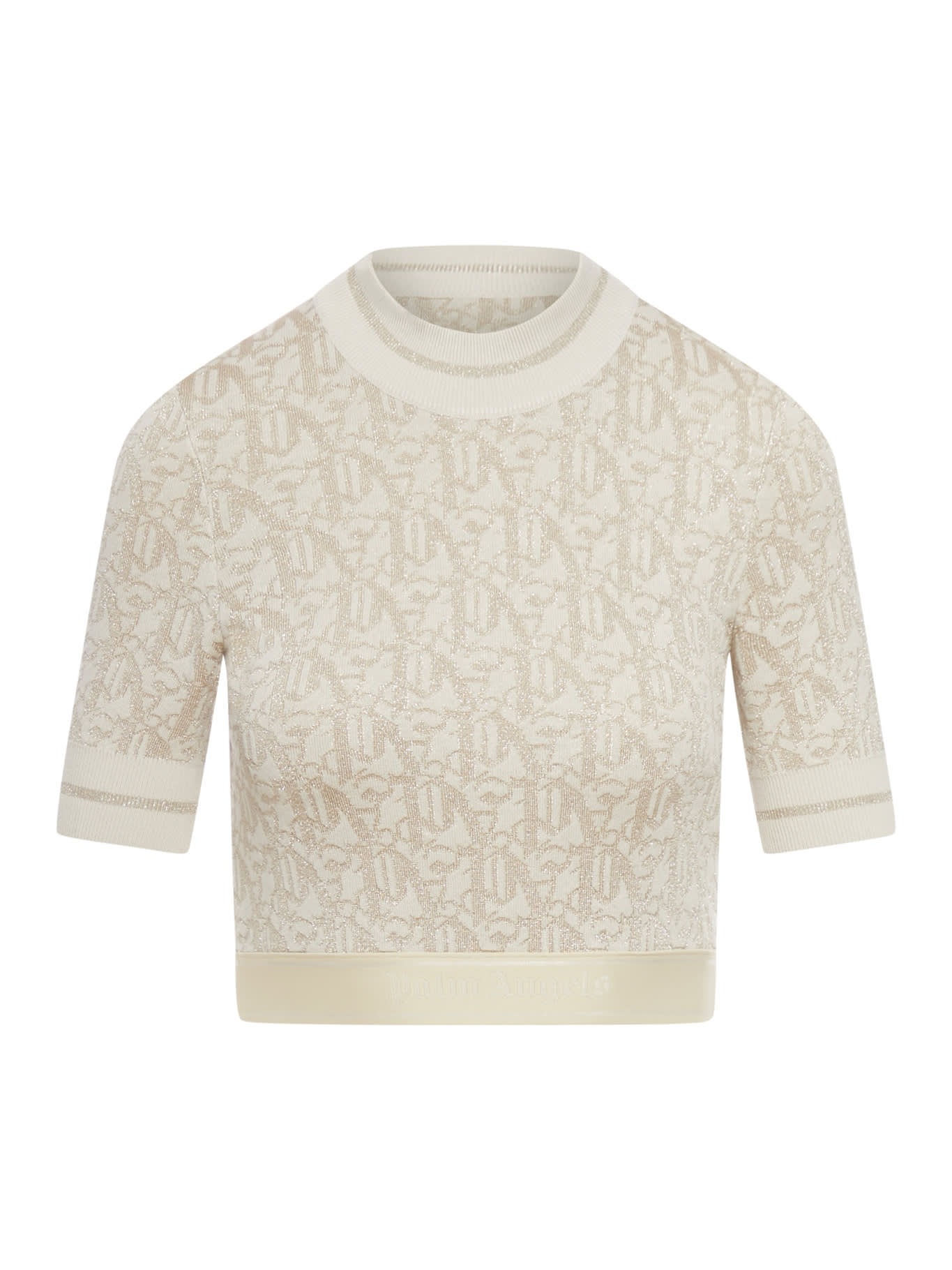Shop Palm Angels Monogram Jqrd Knit Top S/s In Off White Beige