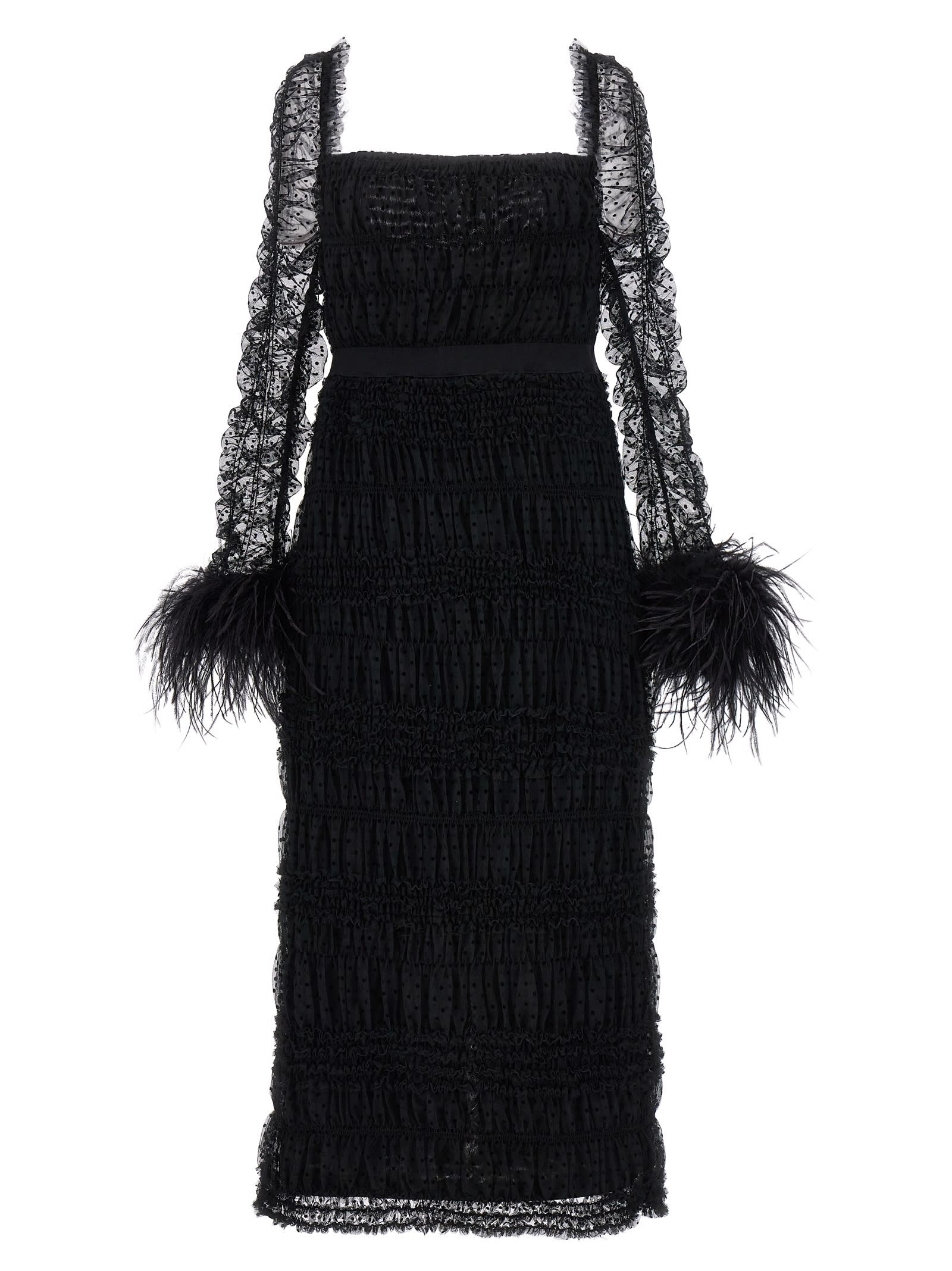 Shop Self-portrait Black Dot Mesh Feather Midi Dress