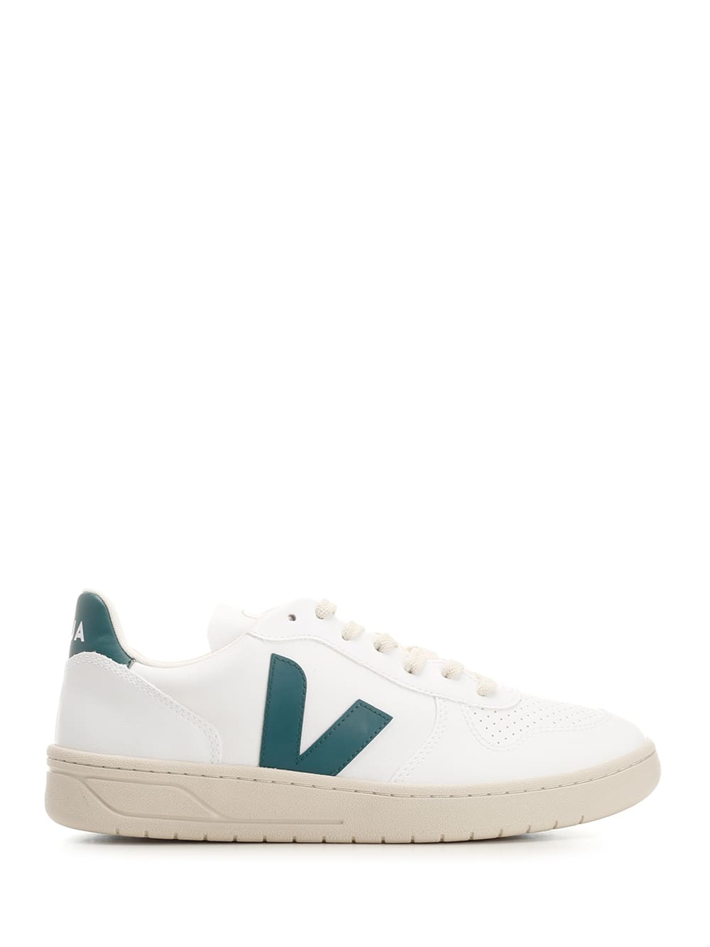 Shop Veja V-10 Sneakers With Green Logo In White Brittany