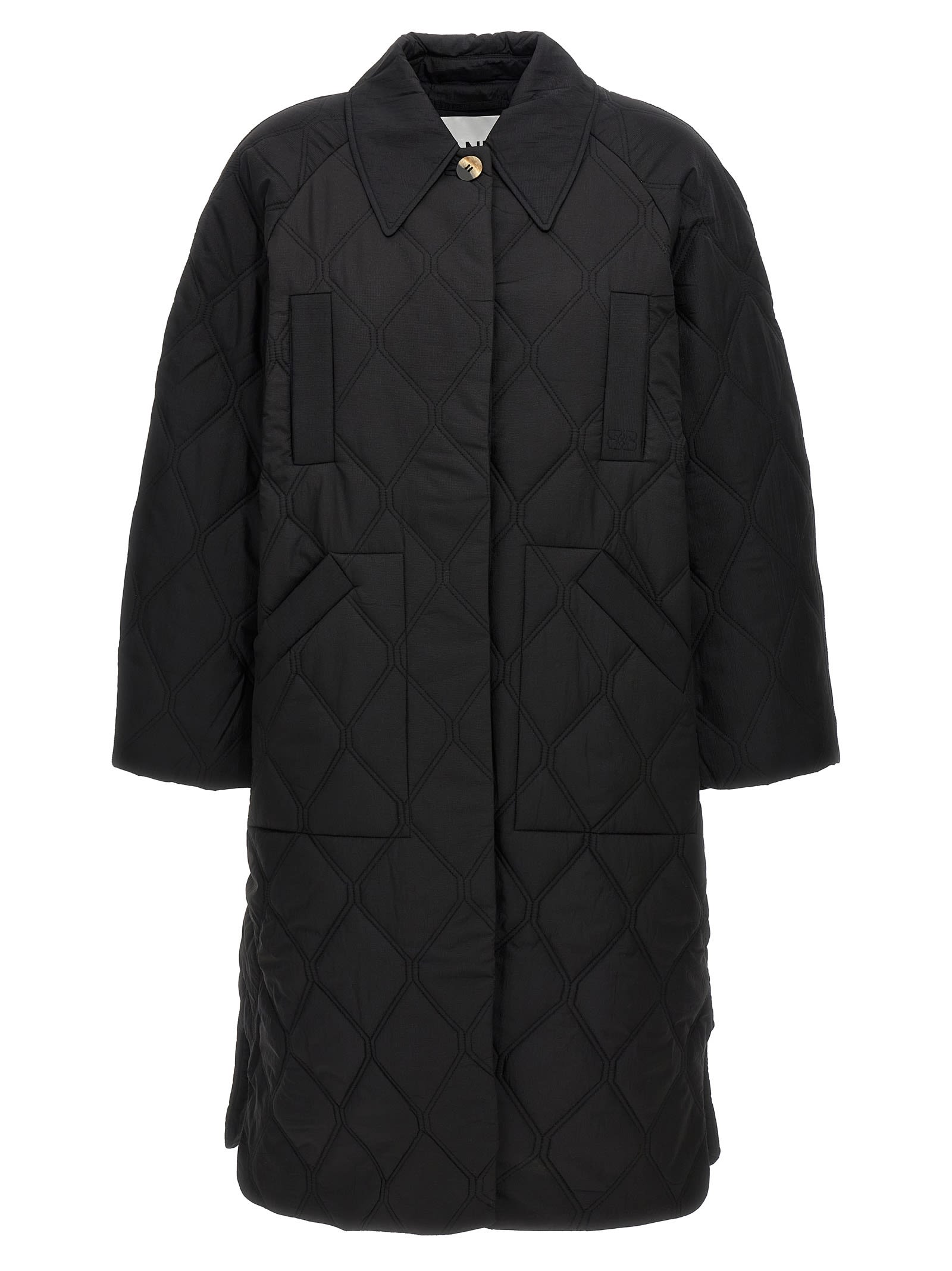 Shop Ganni Quilt Raglan Long Down Jacket In Black