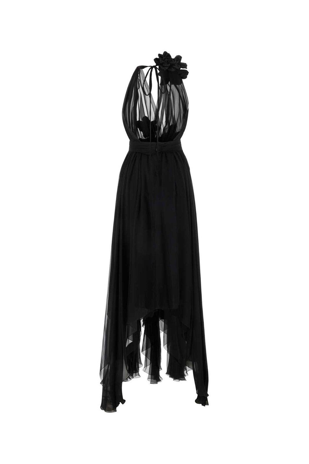 Shop Dolce & Gabbana Floral Patch Long Chiffon Dress In Black