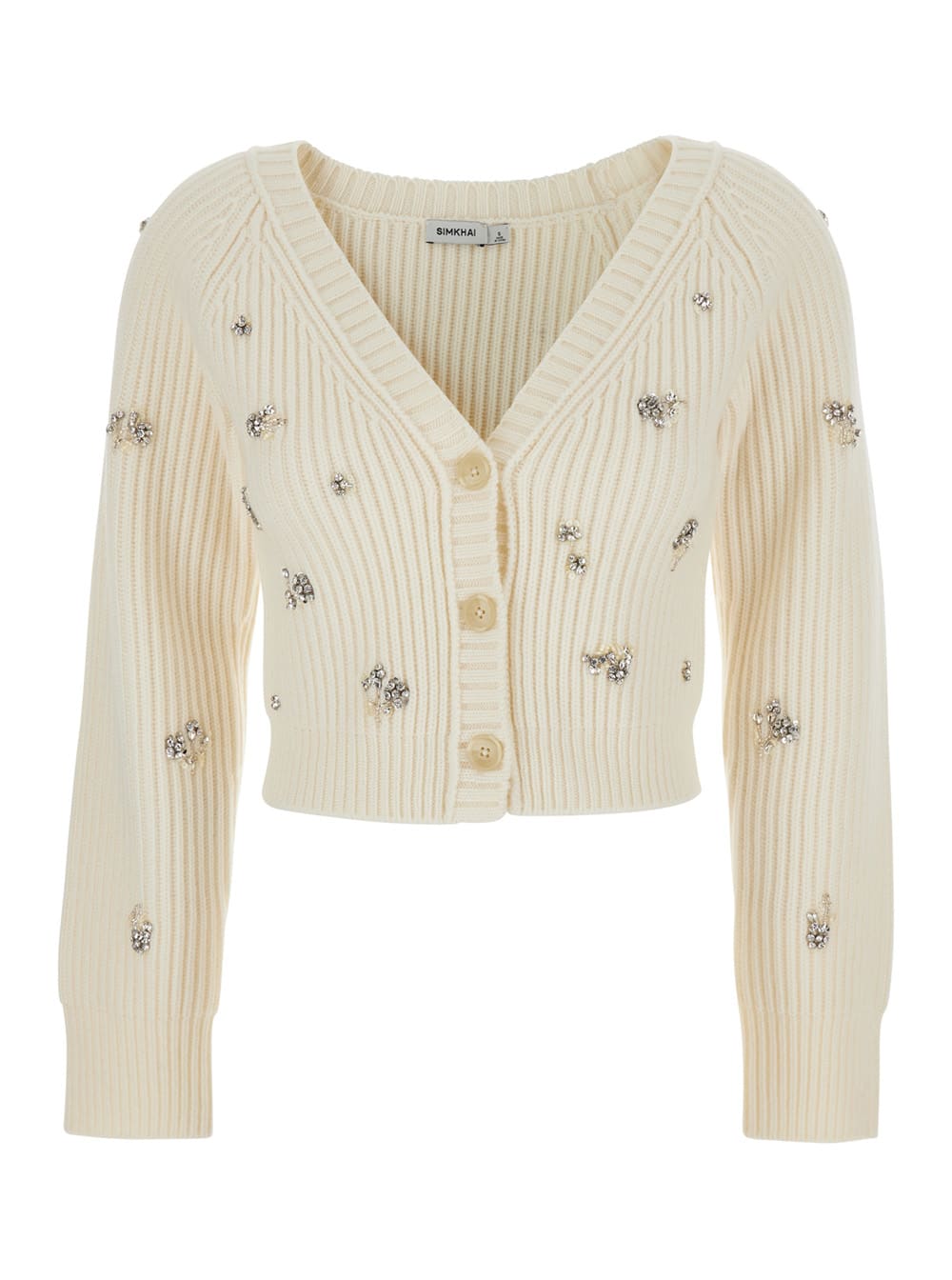 Simkhai Novah White Cropped Rhinestoned Cardigan With V Neck In Wool And Cashmere Woman In Multi