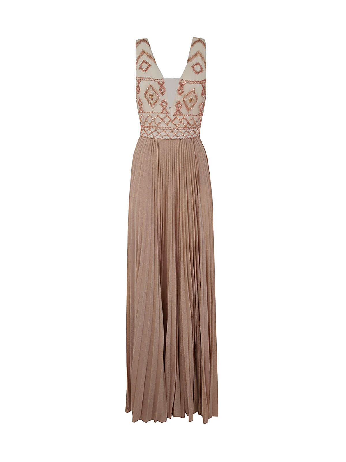 Shop Elisabetta Franchi Pleated Sleeveless Long Dress With Paillettes In Butter Meat