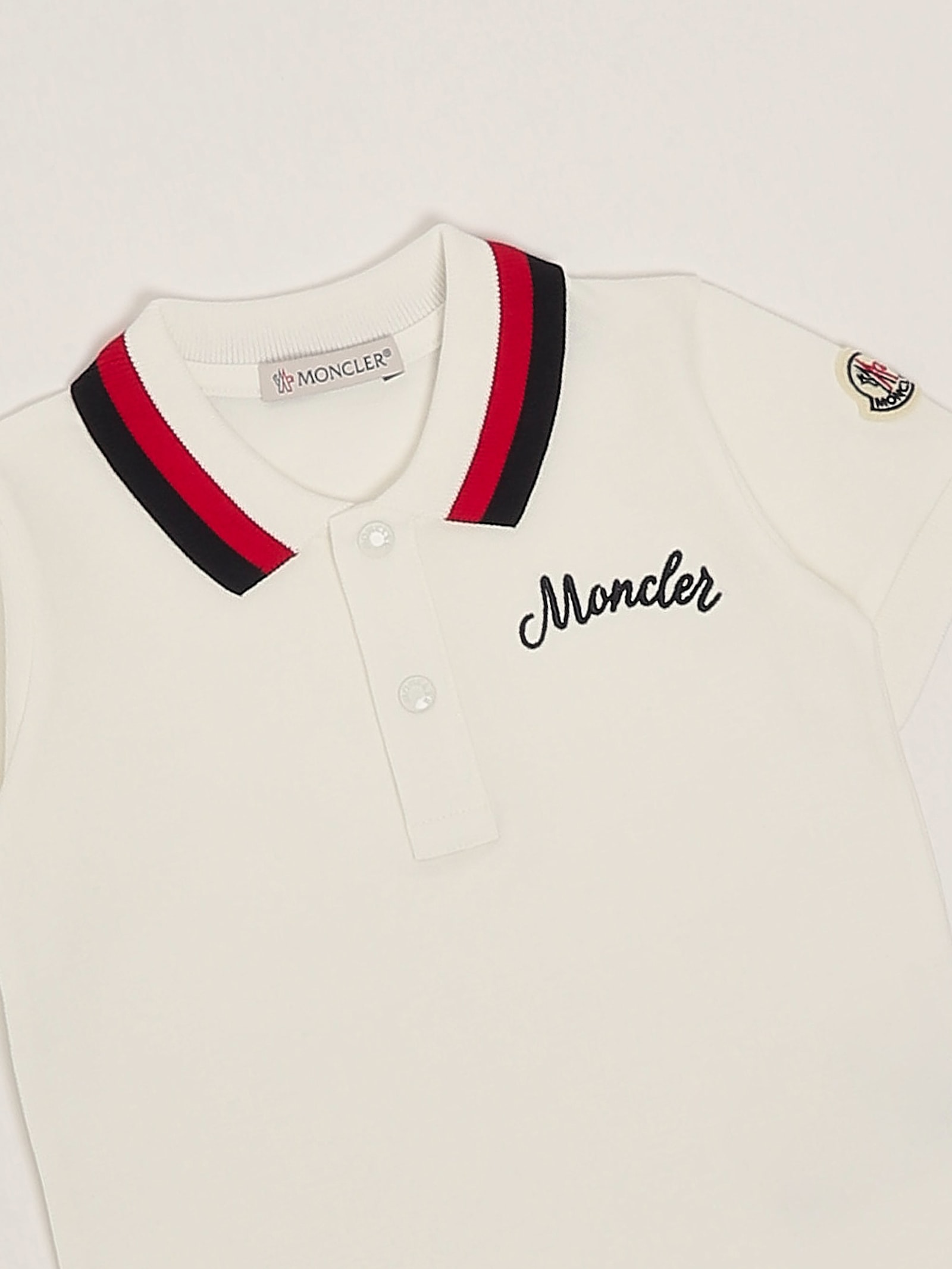 Moncler Embroidered Logo Cotton Polo Shirt White In Bianco