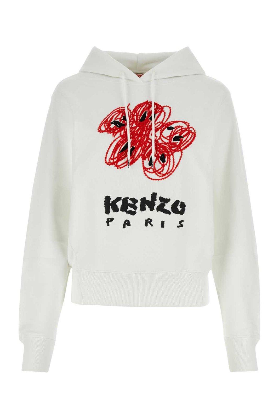 Shop Kenzo Logo Printed Drawstring Hoodie In Blanc Casse