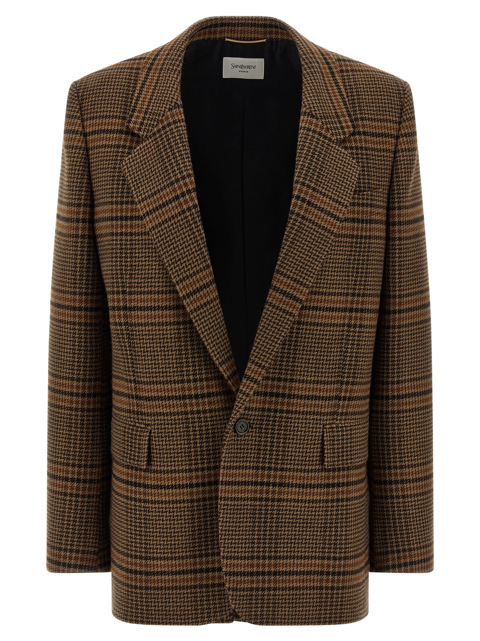 Saint Laurent Checked Pattern Jacket Flap Pockets In Brown
