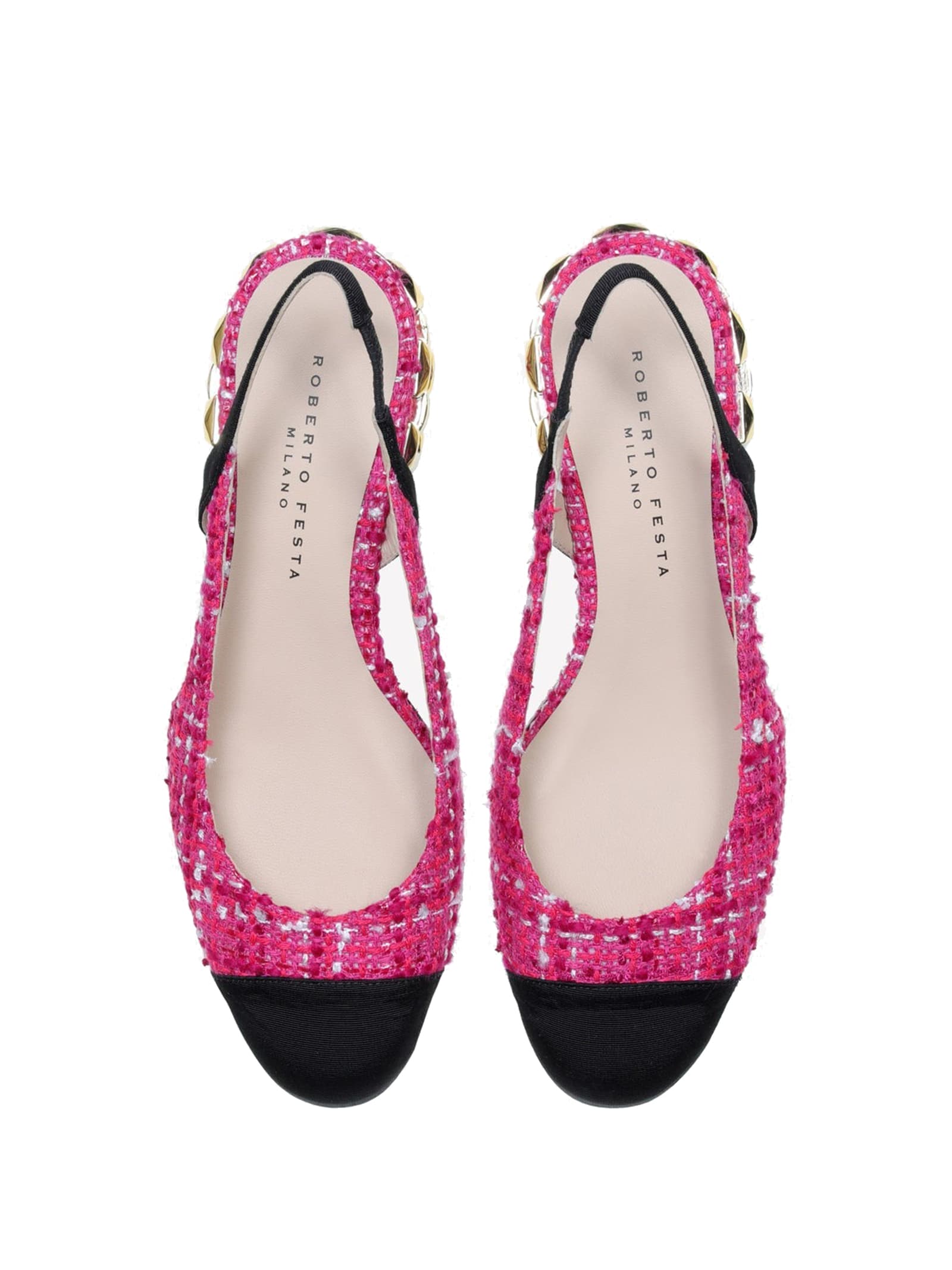 Shop Roberto Festa Chanel Slingback In Cherry Tweed With Gold Chain Heel In Fuxia
