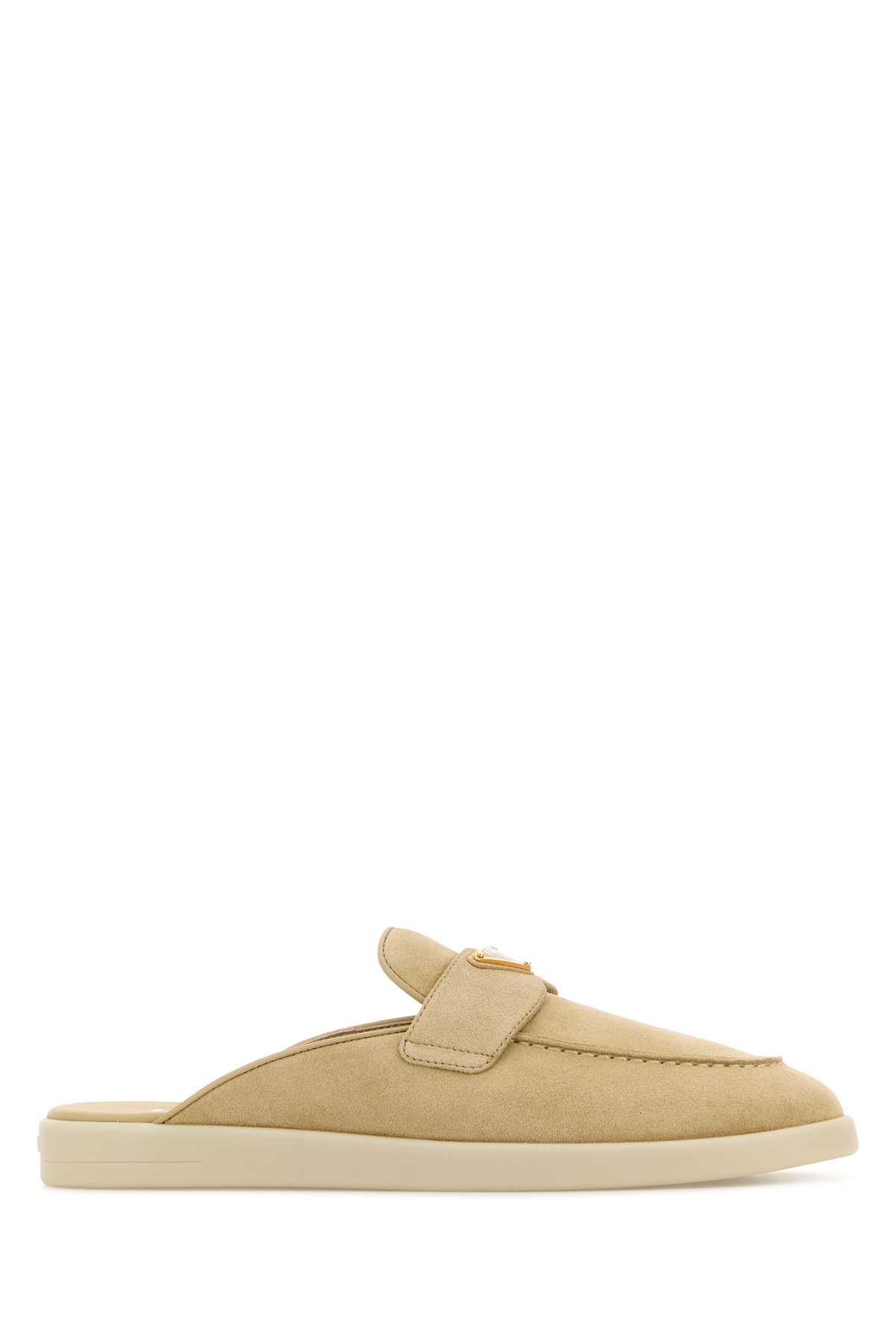 Shop Prada Sand Suede Slippers In Ecru