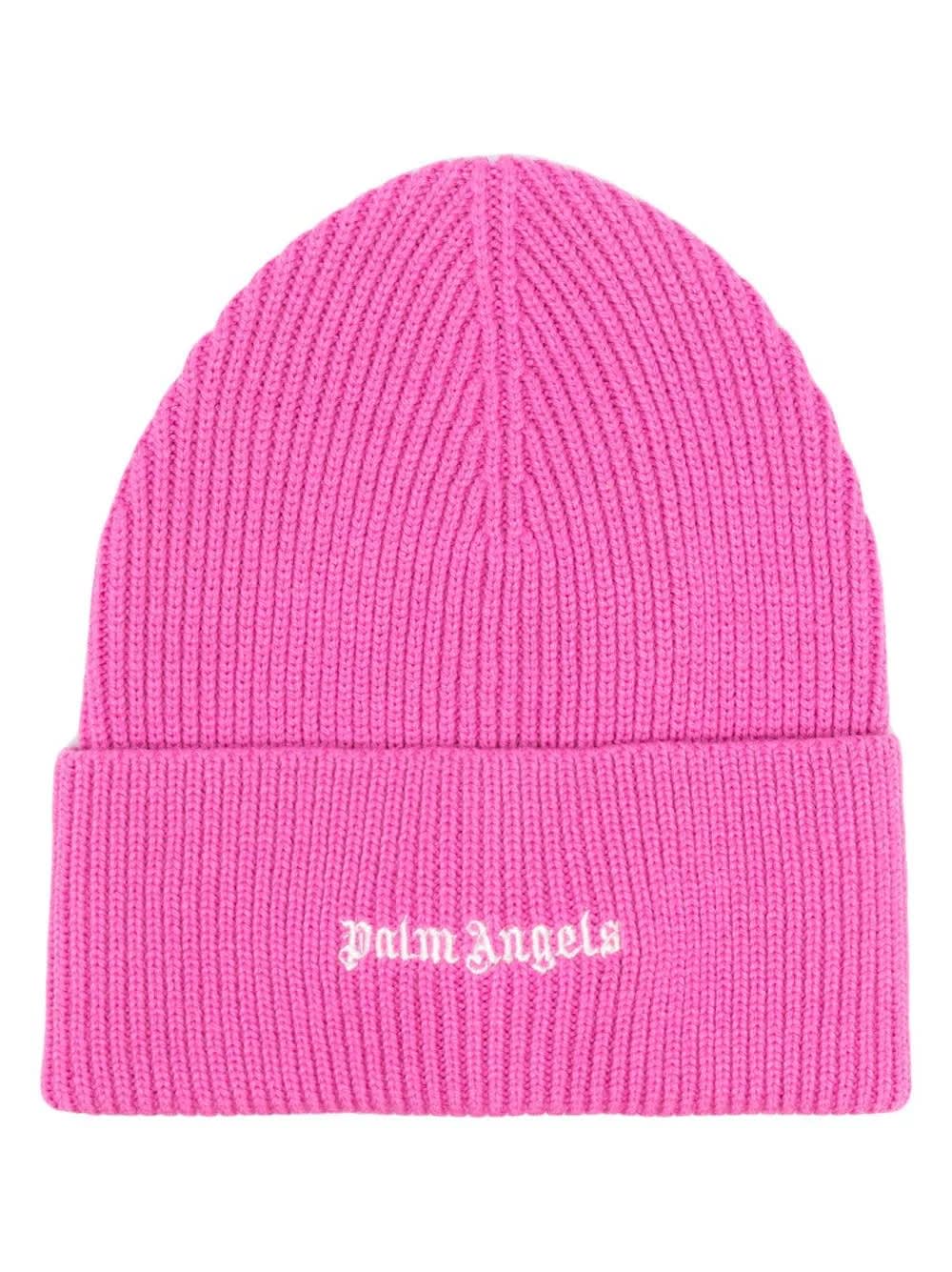 Shop Palm Angels Fuchsia Wool Blend Beanie With White Logo In Pink