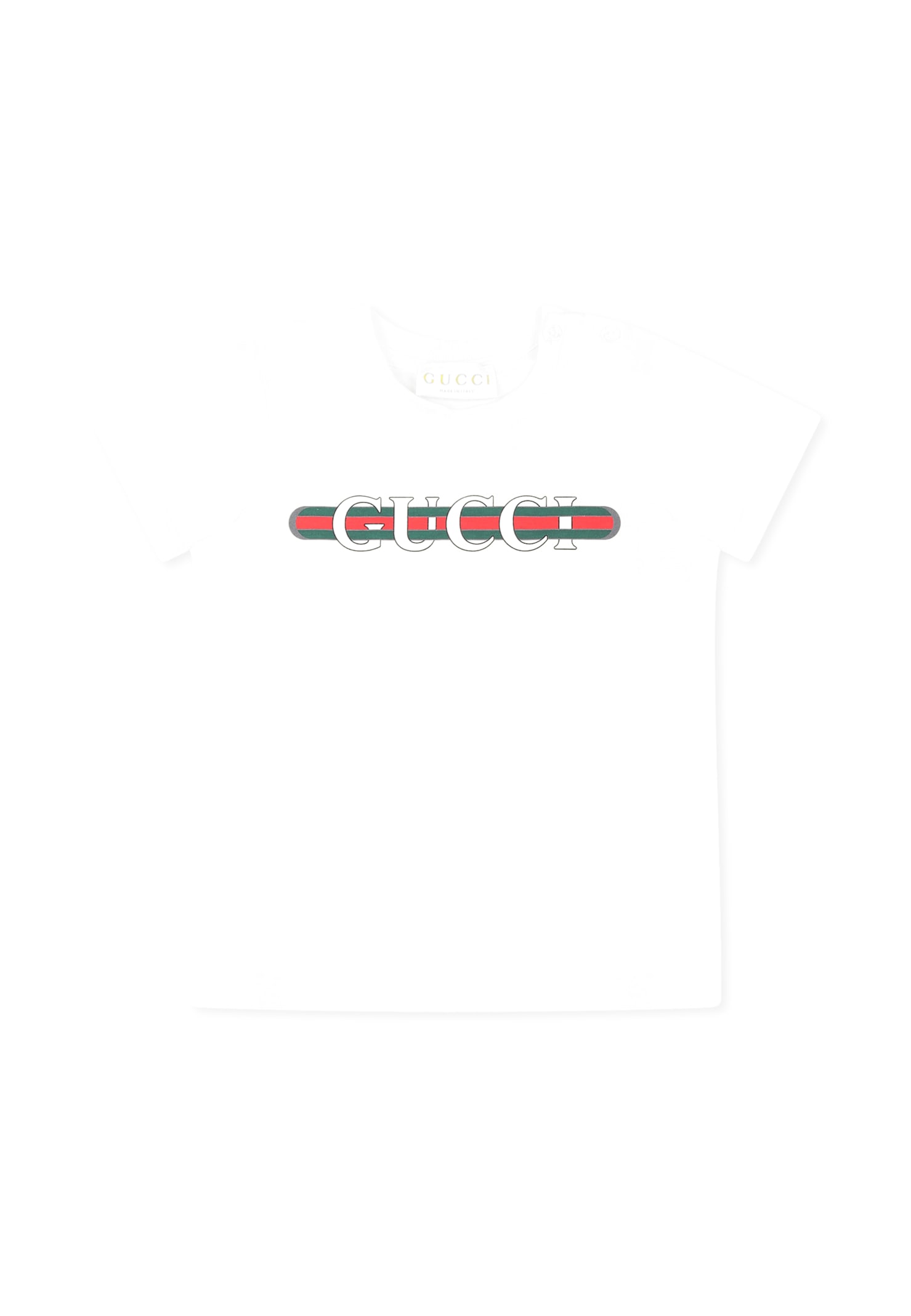 Gucci White T-shirt With Logo Print And Web Detail On The Front In Cotton Baby In White