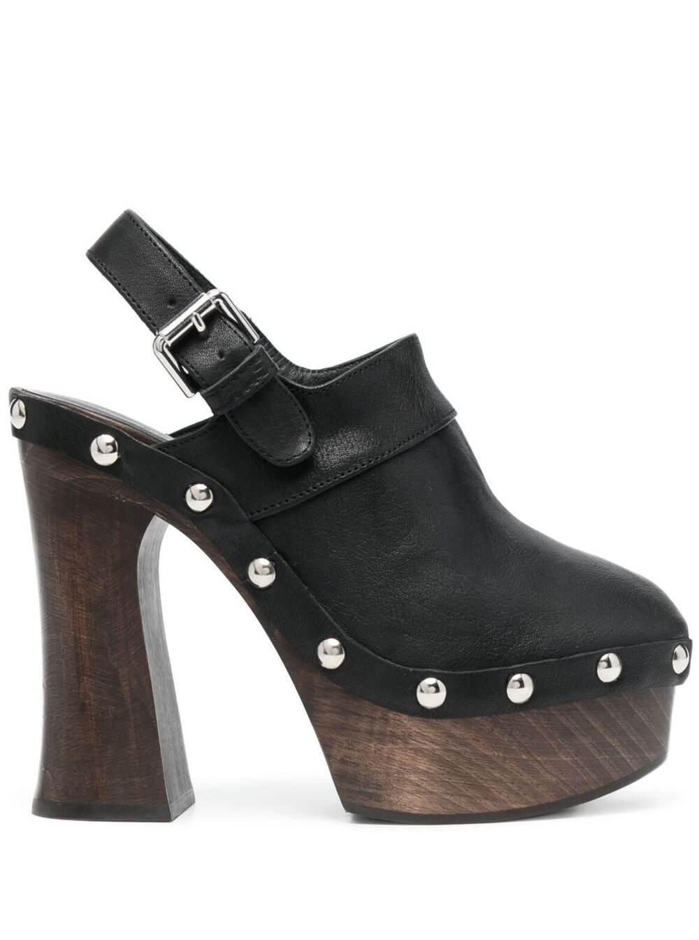 PHILOSOPHY DI LORENZO SERAFINI BLACK MAZI-CLOG WITH METAL STUDS AND WOODEN-EFFECT PLATFORM IN SMOOTH LEATHER WOMAN