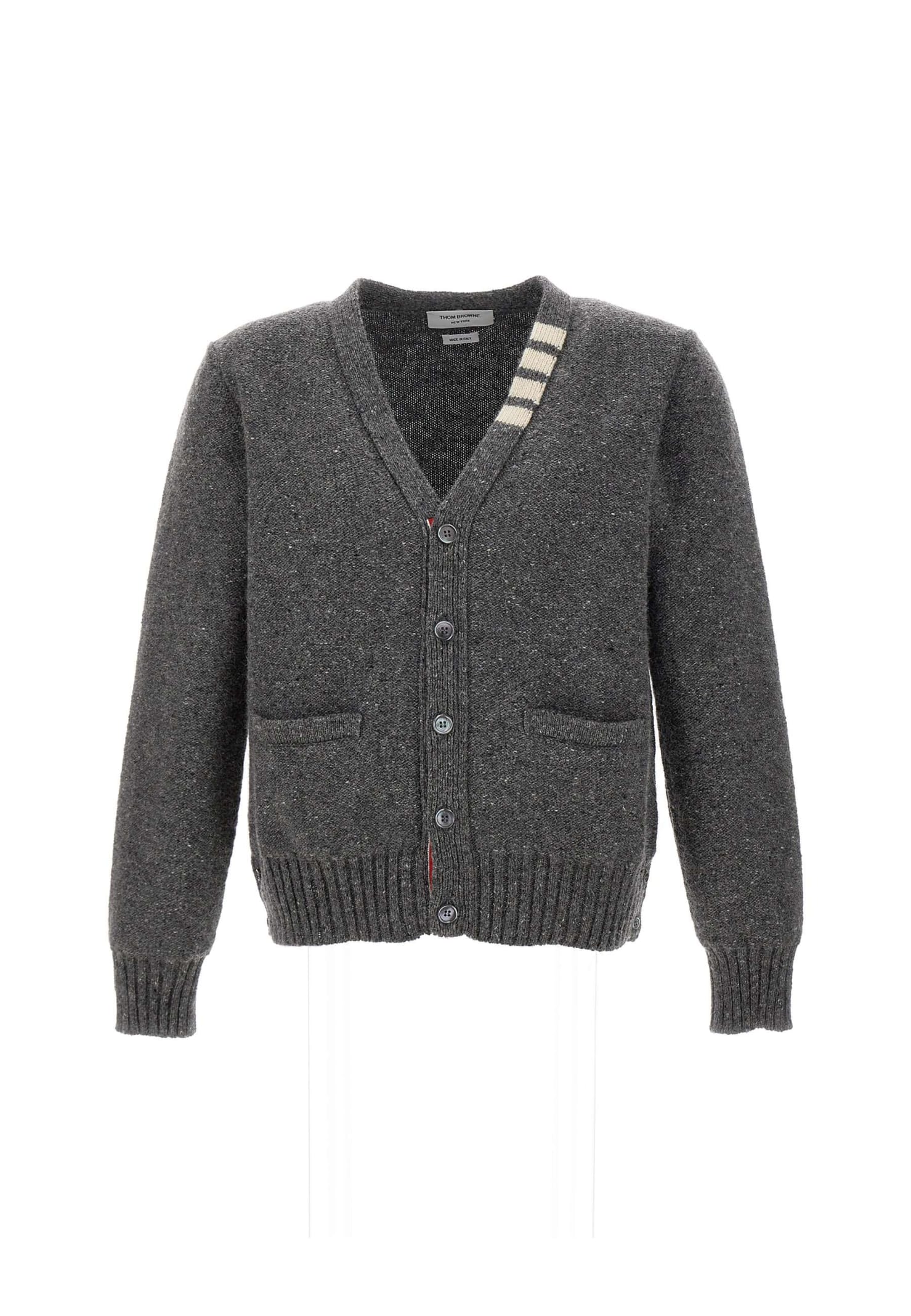 Shop Thom Browne Reversed Jersey Stitch V Neck Wool And Mohair Cardigan In Grey