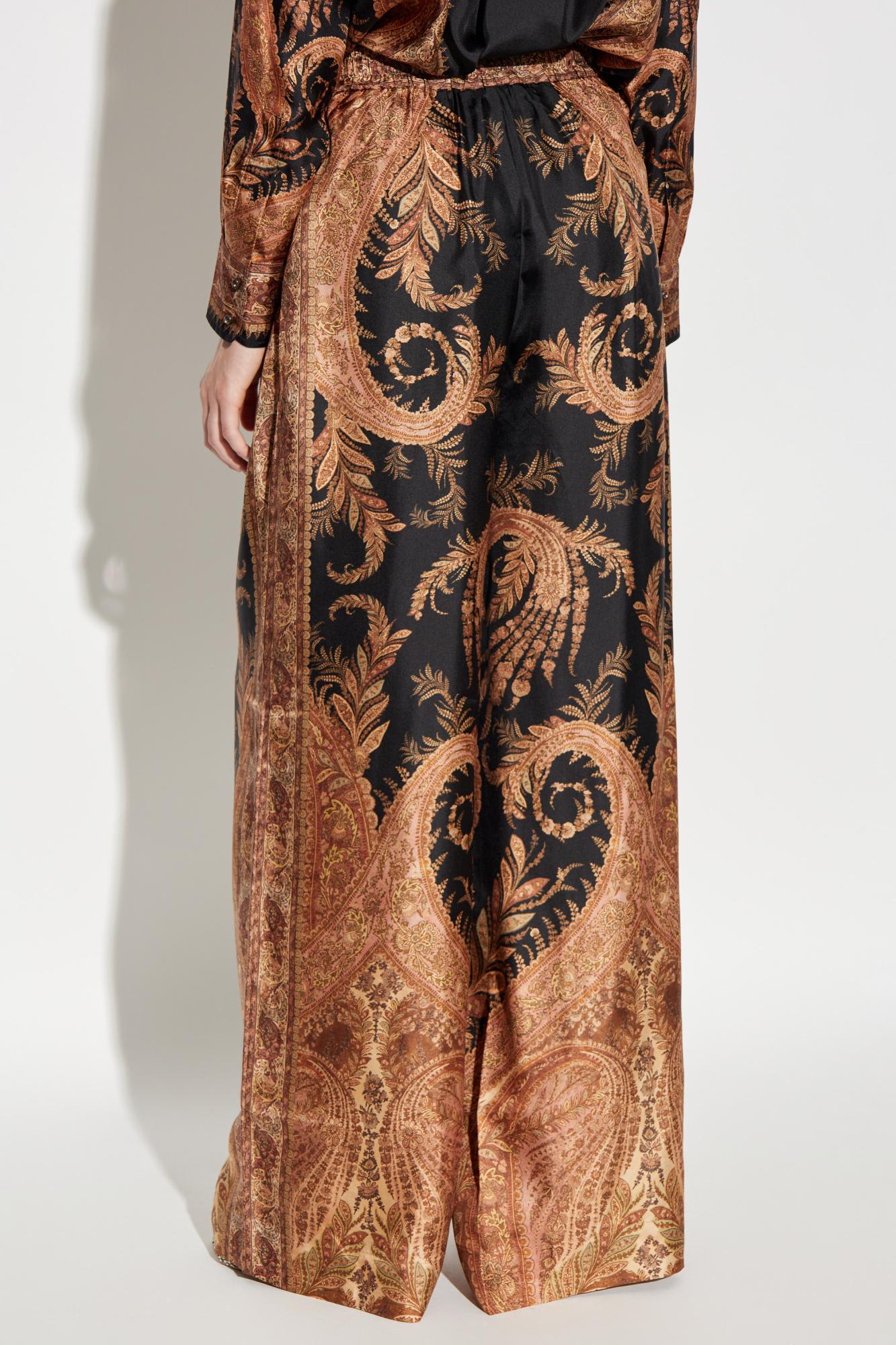 Zimmermann Wide-leg Trousers With Intricate Baroque Print And Adjustable Waistband In Black